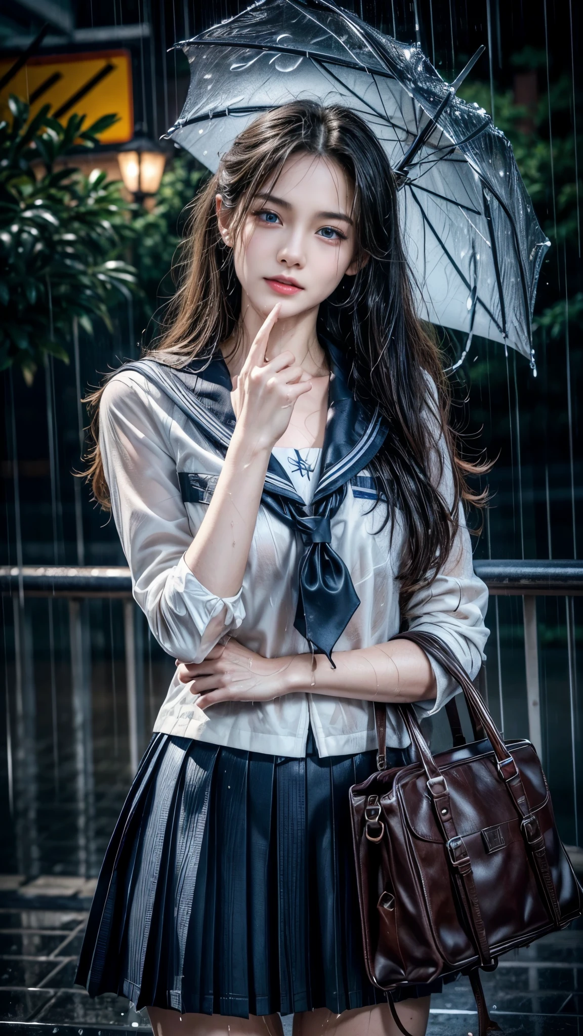 (RAW shooting, Photoreal:1.5, 8k, highest quality, masterpiece, ultra high resolution), perfect dynamic composition:1.2, street corner at night, look up at the sky:1.3, (((Typhoon heavy rain))), Highly detailed skin and facial textures:1.2, Slim high school girl wet in the rain:1.3, sexy beauty, perfect style:1.2, beautiful and aesthetic, Fair skin, very beautiful face, (rain drips all over my body:1.2, wet hair:1.4, wet uniform:1.2), water droplets on the skin, (Medium chest, Chest gap), (embarrassing smile, The expression on your face when you feel intense caress, Facial expression when feeling pleasure), (beautiful blue eyes, Eyes that feel beautiful eros:0.8), (Too erotic:0.9, Bewitching:0.9), cowboy shot, student bag, perfect limbs, perfect fingers