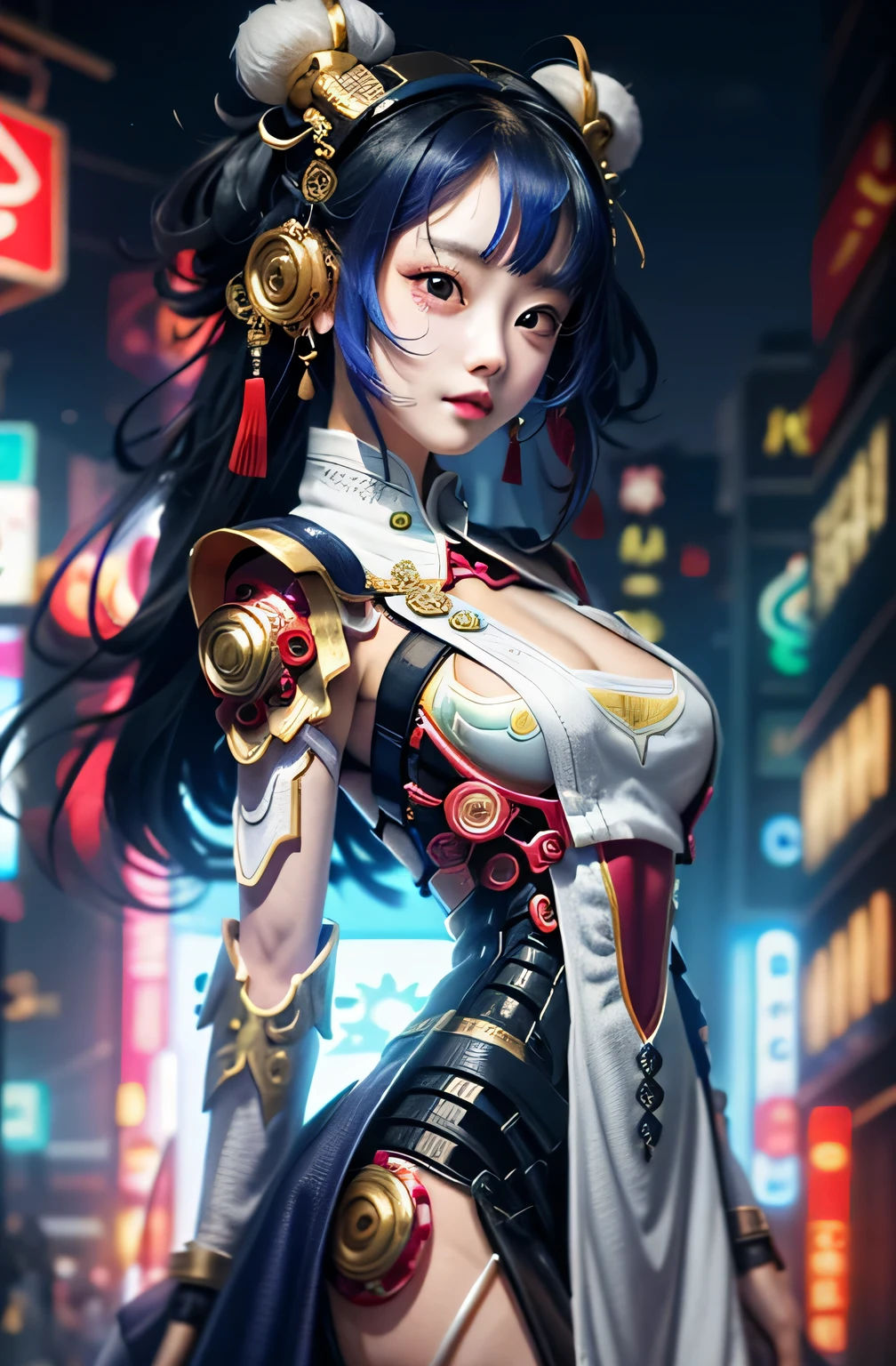 a girl, whole body, clear facial features, amazing facial features, beautiful eyes, Ancient Chinese costumes, Chinese cyberpunk, Cyberpunk City Headgear, hair accessories, Super complex design, Mechanical armor, science and technology, stunning lighting, c4d, OC rendering, Edge light, fine light, masterpiece, Super detailed, epic work, ultra high definition, high quality, 32k