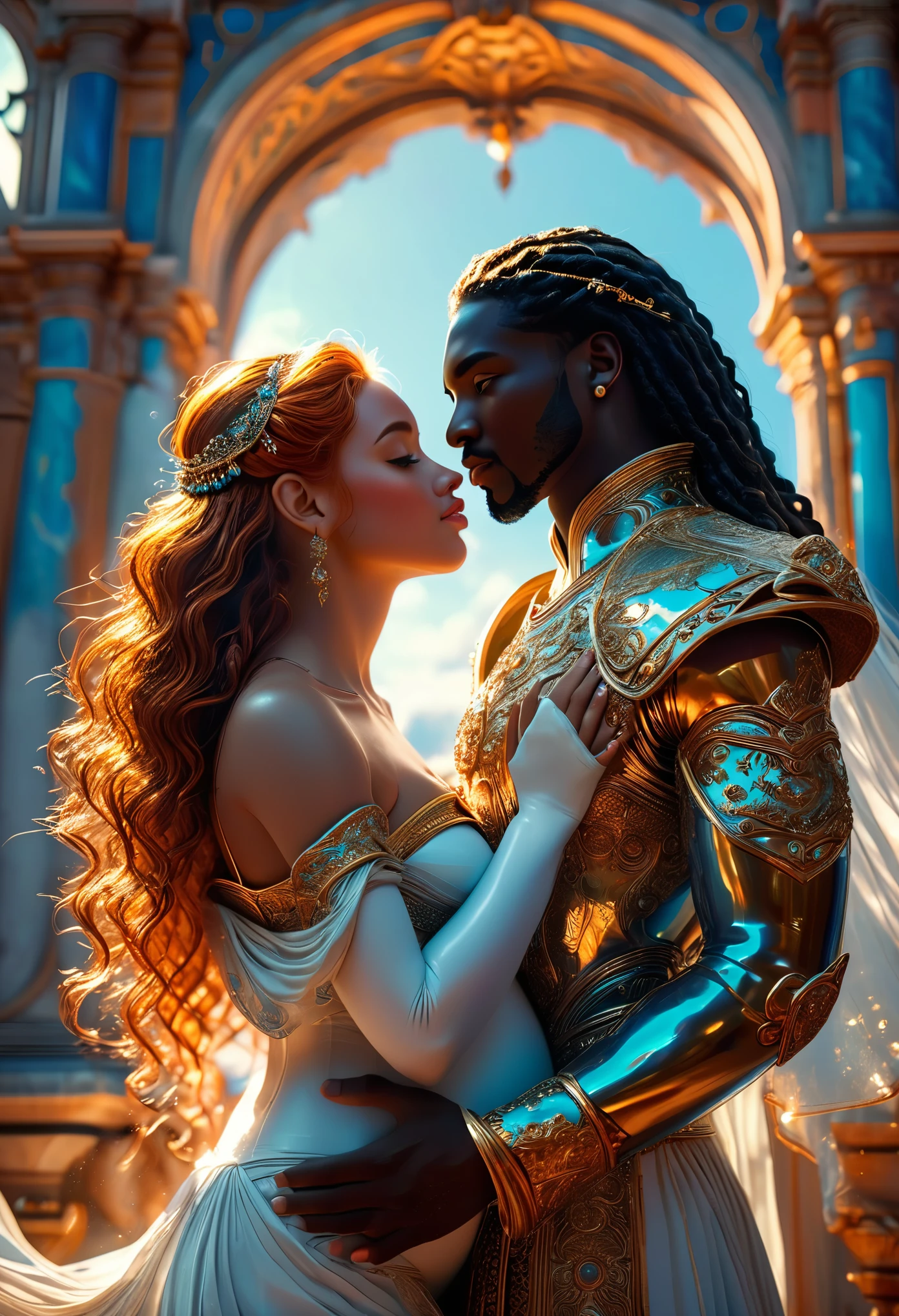 Novel in a celestial landscape, (((darkskinned))) loving couple in their 20s, a (dark-haired imperial duke) loves (((a pregnant dark-skinned:1.2 (ginger-haired)) celestial warrior), romantic way, 8K, extremely detailed, high quality, (photorealistic:1.37), ideal proportions and defined complexion, meticulously crafted features, unreachable beauty, perfection, breathtaking elegance, g curves, goddess-like figures, divine symmetry, artistic masterpieces, vivid realism, hyper-detailed sculptures, life-like forms, truly awe-inspiring, impeccable craftsmanship, pure radiance, ethereal beauty, delicate contours, striking poses, sublime beauty, subtle nuances, dynamic compositions, vibrant colors, perfect lighting, soulful expressions, celestial aura, majestic presence, dreamlike atmosphere, unmatched gdetailed octane render trending on artstation, 8 k artistic photography, photorealistic concept art, award - winning photograph, masterpiece, perfect composition, beautiful detailed intricate insanely
