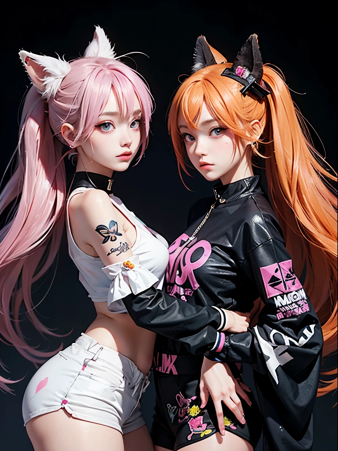 2 girls, neon orange hair, moonlight eyes, fox ear, tattoo sleeves and piercings ((Anime style)), Harajuku-inspired hip-hop clothing, soft colors, neon paint splattered background, Soft stroke