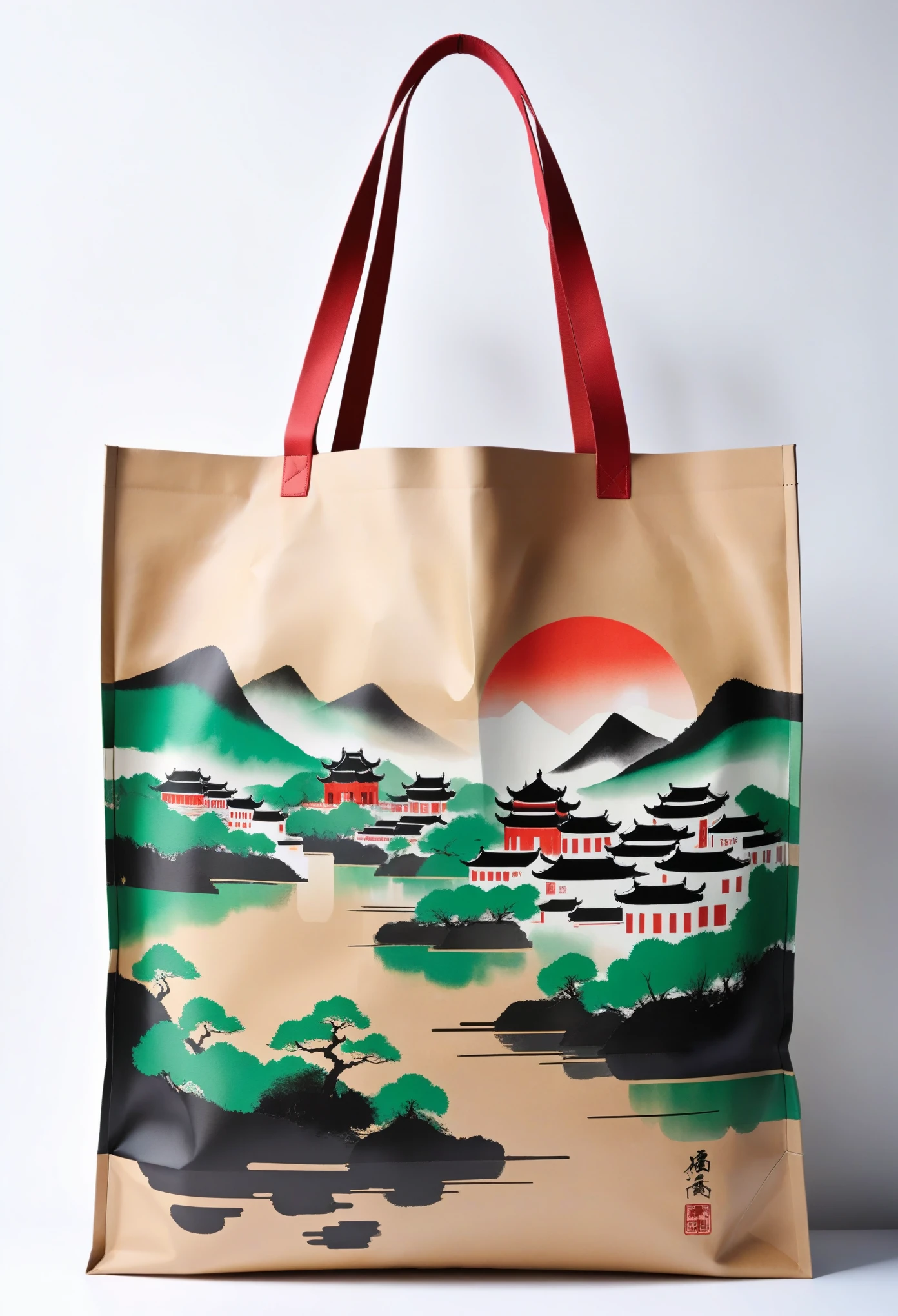 Kraft paper tote bag，printing：Geometric abstract ink，Describe the Jiangnan landscape architectural complex，Wu Guanzhong's style is an artistic expression that merges traditional Chinese ink techniques with Western painting concepts. It is characterized by modern interpretations of traditional themes, creating unique visual effects through color and line.