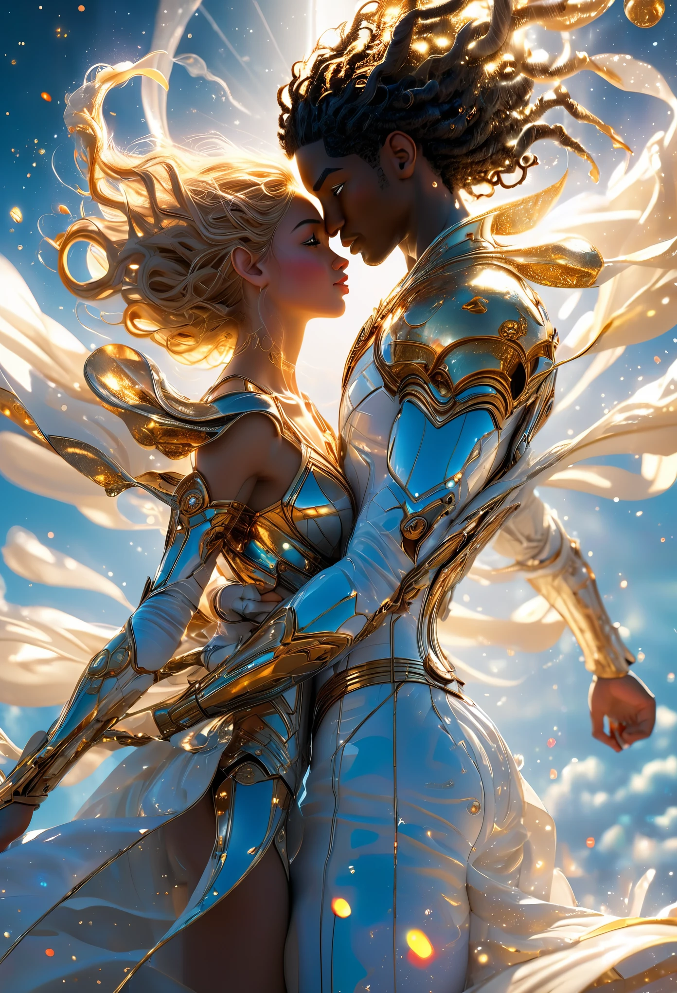 Duo in a celestial landscape, young dark-skinned duo in their 20s, they are fighting each other, they stand face to face, he is a divine prince with long curly caramel hair, she is a mixed-race princess, she has freckles, she is blonde with grey eyes, Full body, 8K, extremely detailed, high quality, (photorealistic:1.37), Full body, ideal proportions and defined complexion, meticulously crafted features, unreachable beauty, perfection, breathtaking elegance, g curves, goddess-like figures, divine symmetry, artistic masterpieces, vivid realism, hyper-detailed sculptures, life-like forms, truly awe-inspiring, impeccable craftsmanship, pure radiance, ethereal beauty, delicate contours, striking poses, sublime beauty, subtle nuances, dynamic compositions, vibrant colors, perfect lighting, soulful expressions, celestial aura, majestic presence, dreamlike atmosphere, unmatched gdetailed octane render trending on artstation, 8 k artistic photography, photorealistic concept art, soft natural volumetric cinematic perfect light, chiaroscuro, award - winning photograph, masterpiece, perfect composition, beautiful detailed intricate insanely
