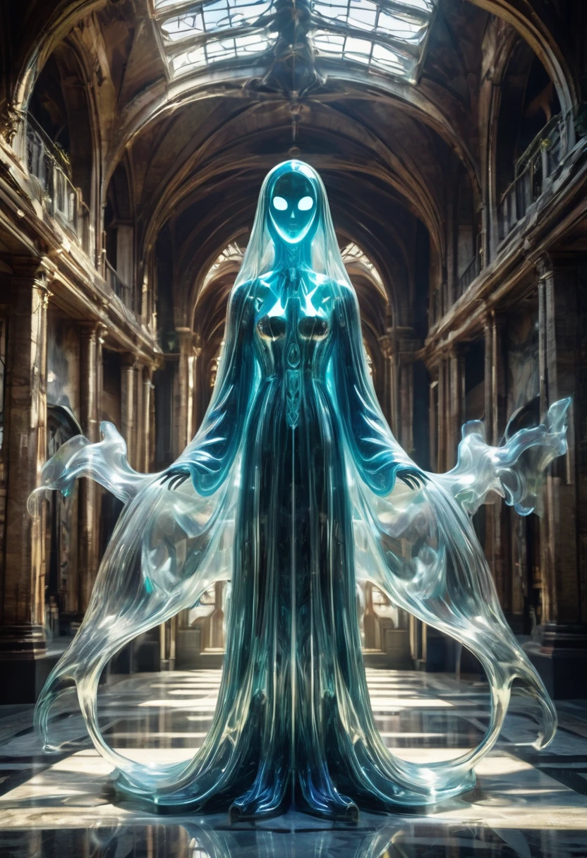 symmetrical creepy ghost , made of glass, in complex background, art exe, high saturation, ray tracing, (symmetry art), white background, studio lighting