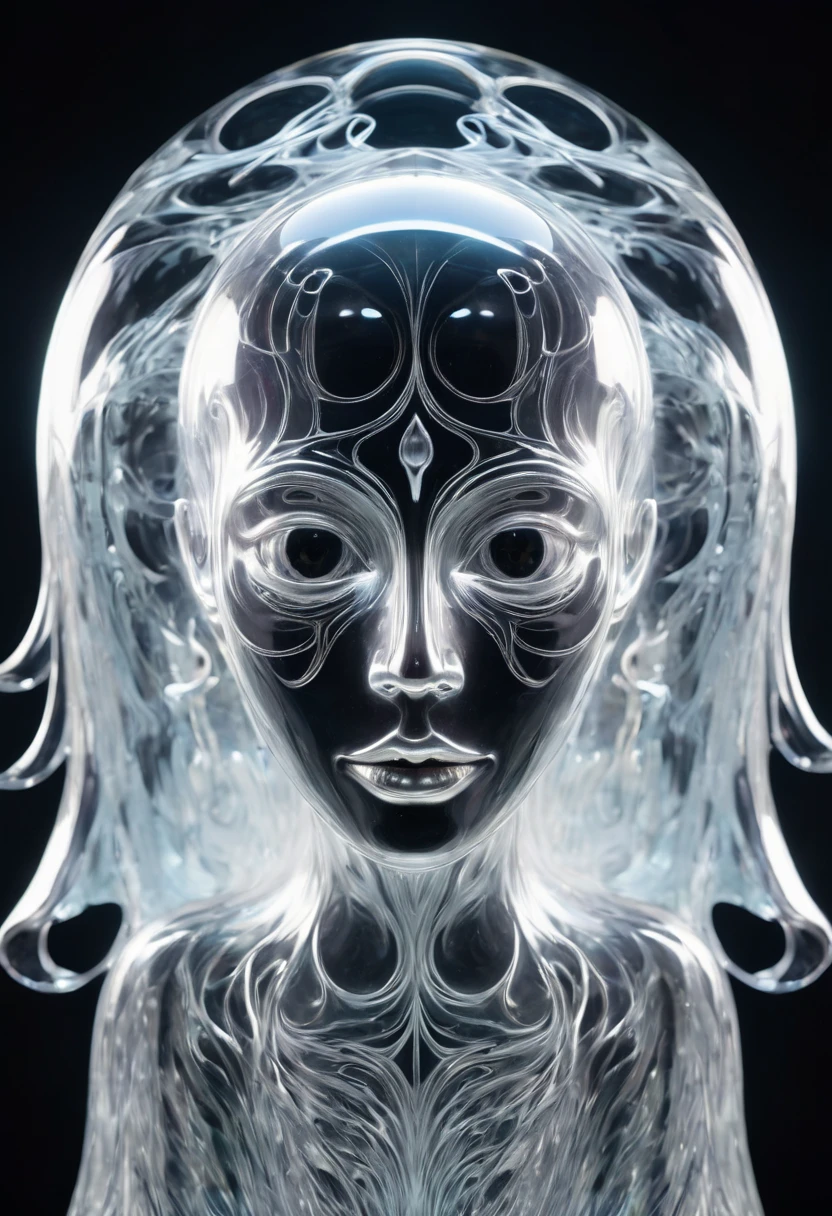 symmetrical creepy ghost , made of glass, in complex background, art exe, high saturation, ray tracing, (symmetry art), white background, studio lighting