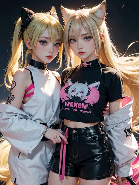 2 girls, neon blonde hair, moonlight eyes, fox ear, tattoo sleeves and piercings ((anime style)), harajuku-inspired hip-hop clot...