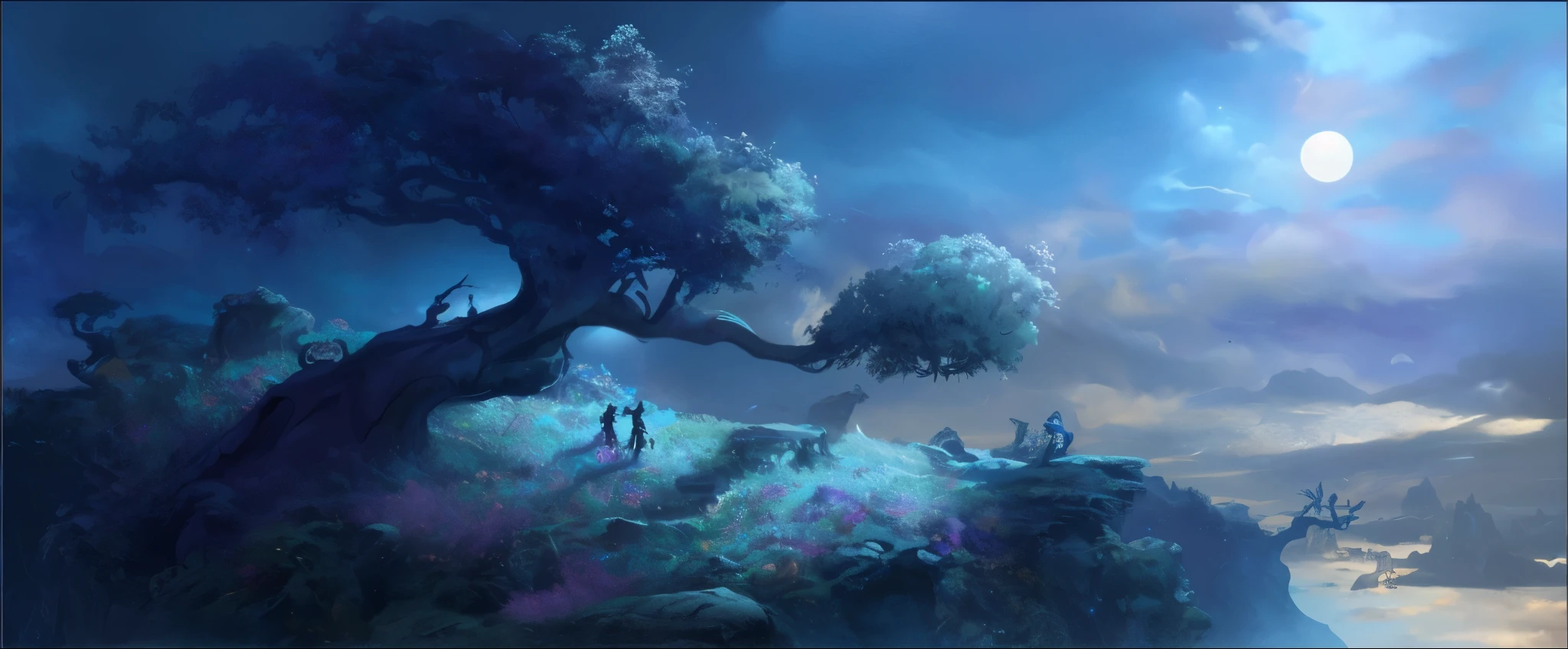 Es gibt ein Gemälde von einem Baum auf einer Klippe mit einem Mond im Hintergrund., matte painting arcane Dota pixar, Konzeptkunst atemberaubend atmosphere, magical Konzeptkunst, disney Konzeptkunst, beautiful Konzeptkunst, atemberaubend! Konzeptkunst, Dota! matte painting Konzeptkunst, Dota matte painting Konzeptkunst, Konzeptkunst scene, award-winning Konzeptkunst, inspiriert von Raphael Lacoste