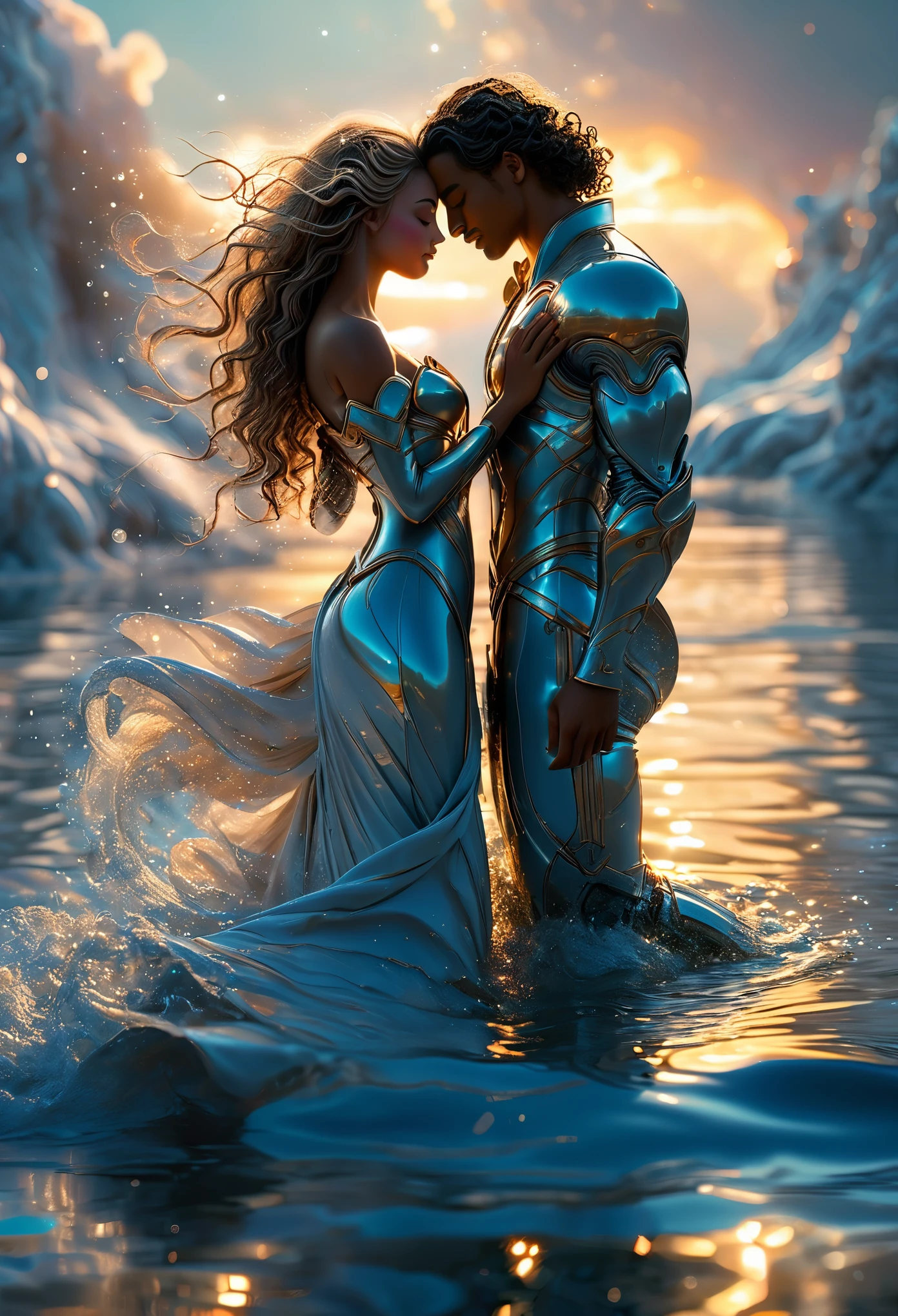 Loving couple in a celestial landscape, young dark-skinned couple in their 20s, in a lake, a man and a woman, he is a divine prince with long curly brown hair, she is a mixed-race blonde princess with grey eyes, Full body, 8K, extremely detailed, high quality, (photorealistic:1.37), Full body, ideal proportions and defined complexion, meticulously crafted features, unreachable beauty, perfection, breathtaking elegance, g curves, goddess-like figures, divine symmetry, artistic masterpieces, vivid realism, hyper-detailed sculptures, life-like forms, truly awe-inspiring, impeccable craftsmanship, pure radiance, ethereal beauty, delicate contours, striking poses, sublime beauty, subtle nuances, dynamic compositions, vibrant colors, perfect lighting, soulful expressions, celestial aura, majestic presence, dreamlike atmosphere, unmatched gdetailed octane render trending on artstation, 8 k artistic photography, photorealistic concept art, soft natural volumetric cinematic perfect light, chiaroscuro, award - winning photograph, masterpiece, perfect composition, beautiful detailed intricate insanely
