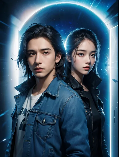 a handsome man and a beautiful woman.men and women in their 20s.they're both wearing blue jeans and jackets.the two are looking ...