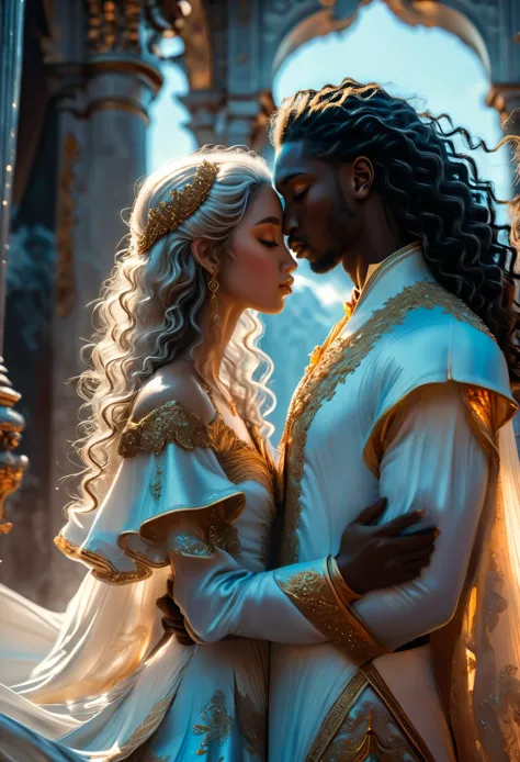 passionate dark skin couple in a celestial landscape, in  palace, a divine prince with long curly brown hair and an albino imper...