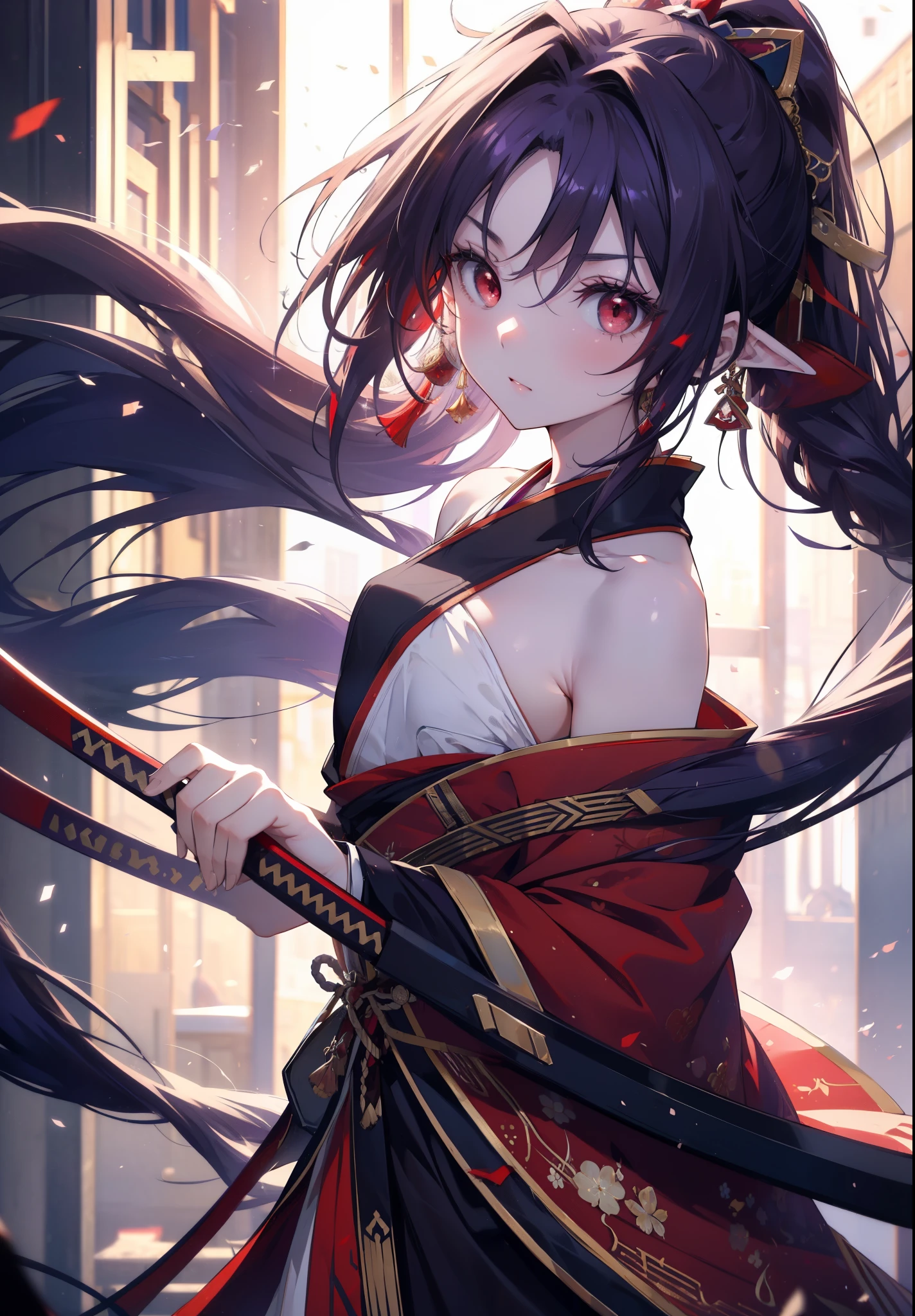 yuukikonno, Yuki Konno, hair band, long hair, pointed ears,ponytail, purple hair, (red eyes:1.5), (small breasts:1.2), open your mouth,red kimono,Purple too,white foot bag,grass sandals,Japan sword 1:1 Hold the grip in your hand,
break looking at viewer, Upper body, whole body,
break outdoors, medieval europe cityscape,
break (masterpiece:1.2), highest quality, High resolution, unity 8k wallpaper, (shape:0.8), (thin and beautiful eyes:1.6), highly detailed face, perfect lighting, Very detailed CG, (perfect hands, perfect anatomy),