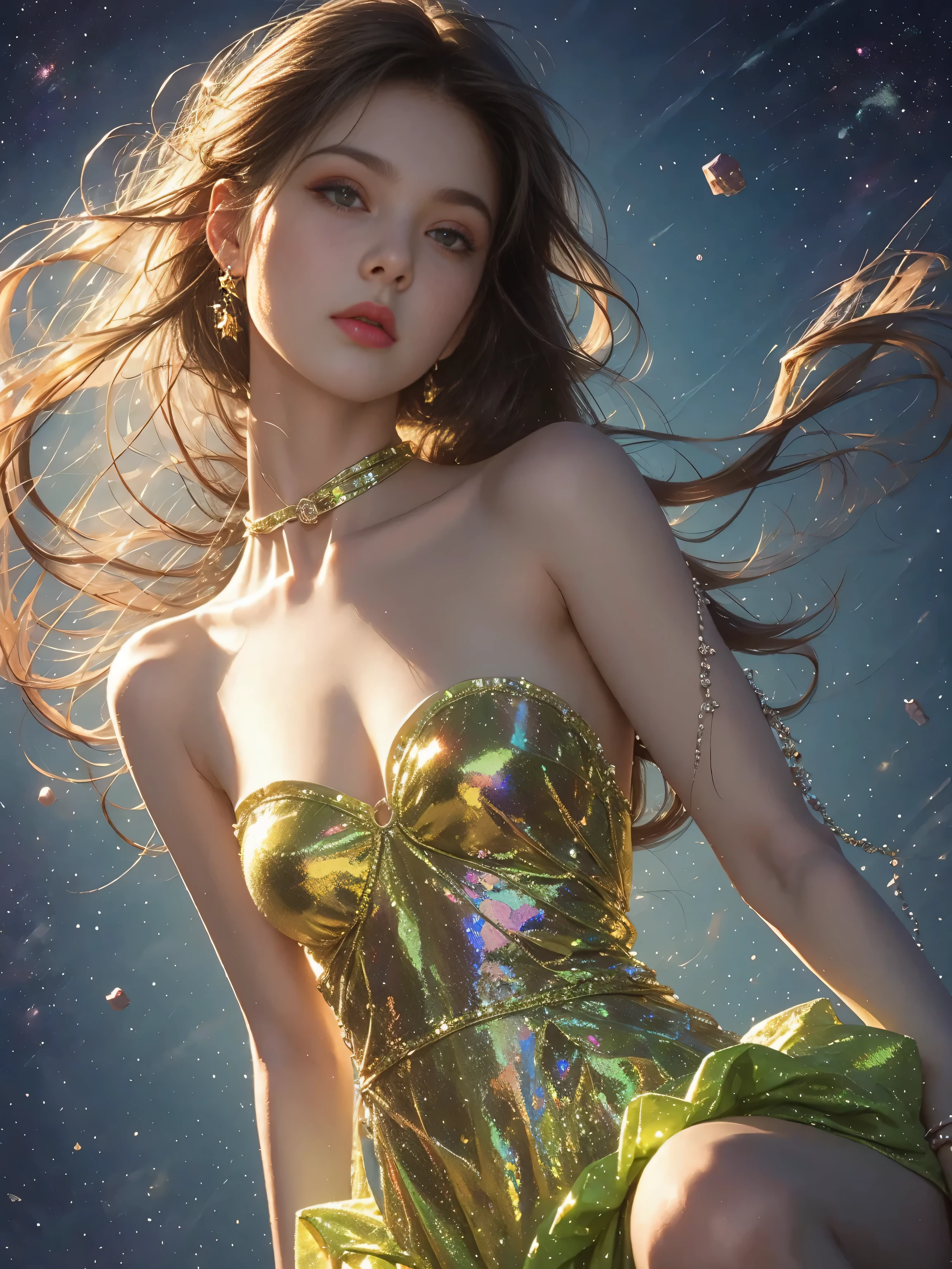 迷幻的 style 1girl,獨自的,廣角鏡頭,(銀河和星星製成的寬大連身裙:1.3),裸露的肩膀,無肩帶,珠寶,耳環,金髮,長髮,高角度拍攝,超現實主義,幻想,夢幻般的,傑作,最好的品質,高解析度,精緻的細節,. 鮮豔的色彩,漩渦圖案,抽象形式,超現實主義,迷幻的,滿的_身體,