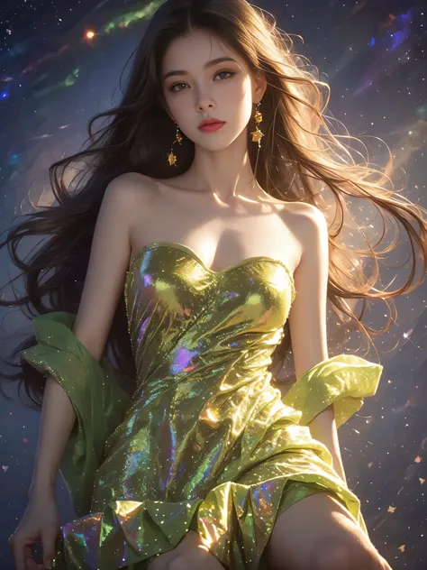 Psychedelic style 1girl,alone,Wide-angle lens,(Wide dress made of milky way and stars:1.3),bare shoulders,Strapless,jewelry,earr...