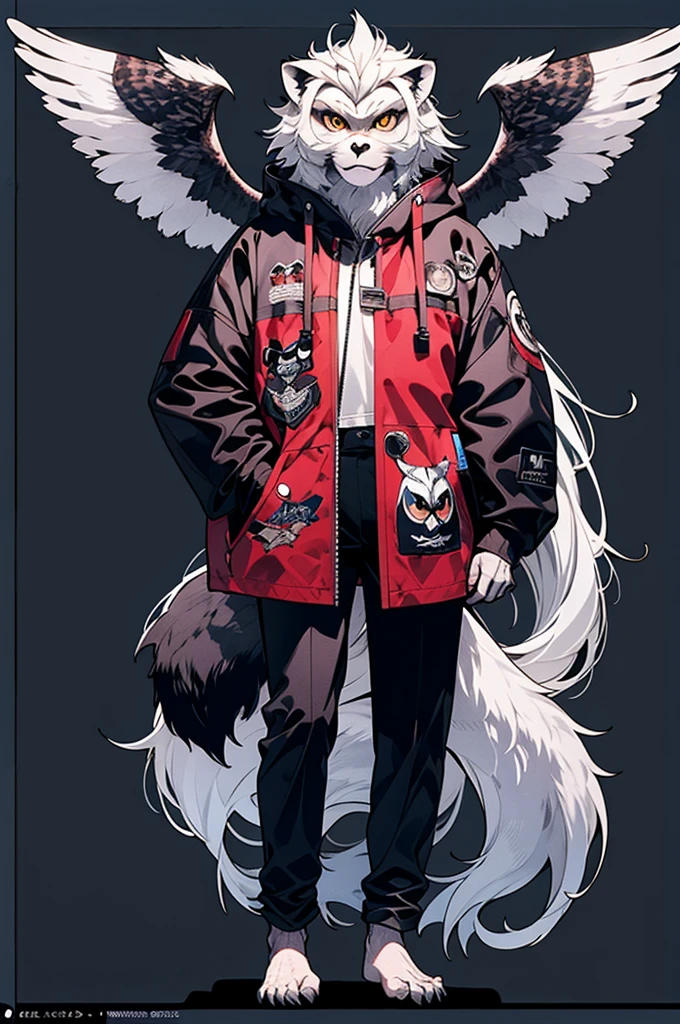 Wolf face baboon body lion tail owl wings standing picture
