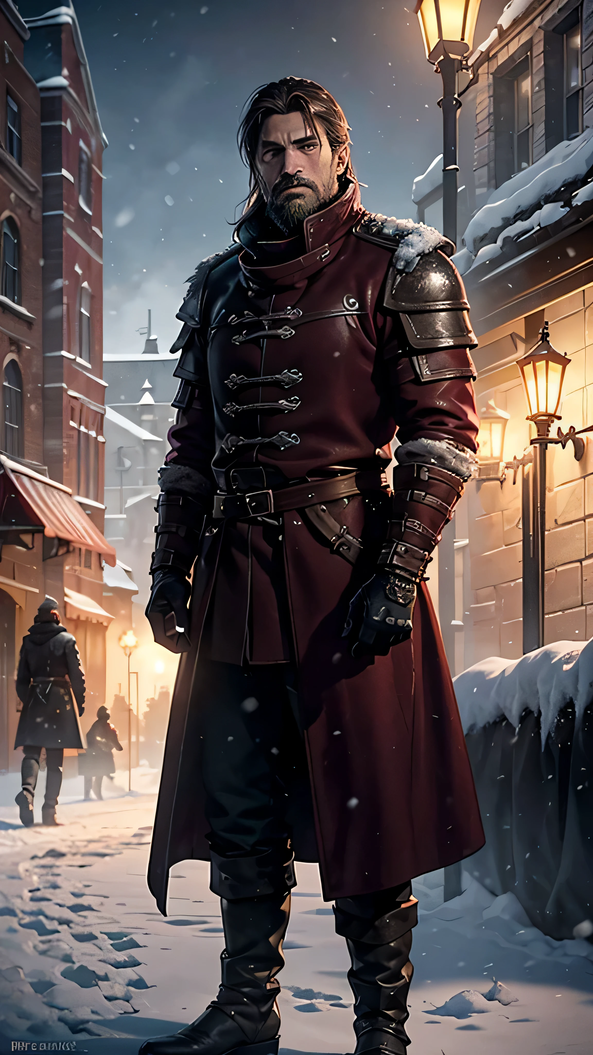 frostpunk, ((Nikolaj Coster-Waldau)) as Jaime Lannister, ((beard)), (luxury maroon coat), (luxury gloves), (luxury boots), on a busy street, winter, snow, 1man, solo, beautiful detailed glow, detailed, cinematic light, intricate detail, realistic, highres, detailed facial features, high detail, sharp focus, smooth, aesthetic, extremely detailed, stamp, octane render