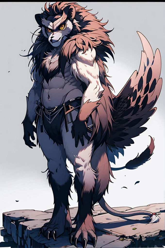 Wolf face baboon body lion tail owl wings standing picture
