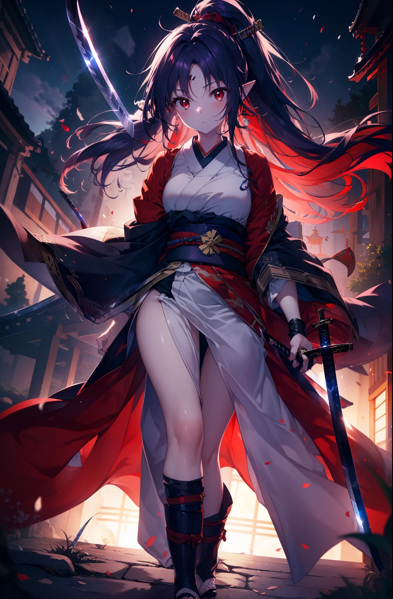 yuukikonno, Yuki Konno, hair band, long hair, pointy ears,ponytail, purple hair, (red eyes:1.5), (small breasts:1.2), open your mouth,red kimono,Purple too,white foot bag,grass sandals,(Japanese sword:1.2),(holding_Japanese sword:1.4)
break looking at viewer, Upper body, whole body,
break outdoors, medieval europe cityscape,
break (masterpiece:1.2), highest quality, High resolution, unity 8k wallpaper, (shape:0.8), (thin and beautiful eyes:1.6), highly detailed face, perfect lighting, Very detailed CG, (perfect hands, perfect anatomy),