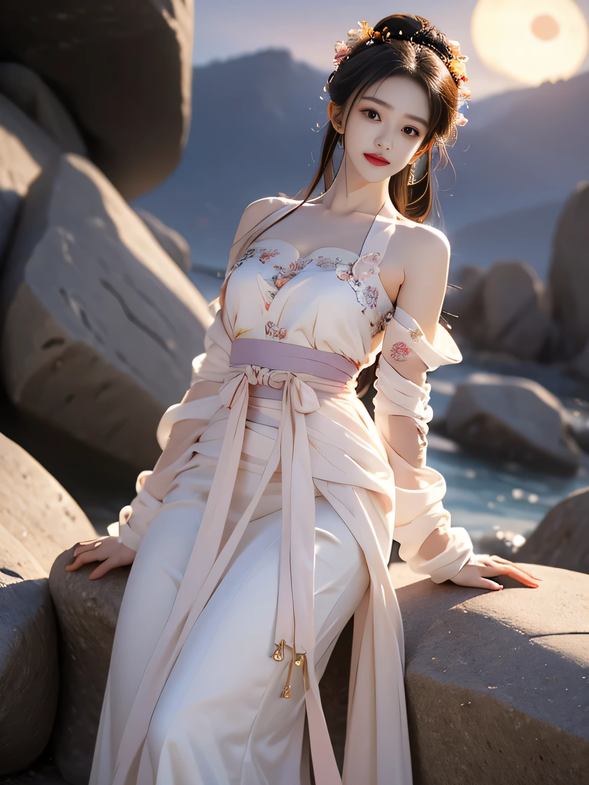 hanfu-song, Hanfu, song theme, try, Pipe top, ((bare shoulders)), ((whole body)), actual, Fashion girl, red lips, aldult, cosmetic, big eyes, beautiful eyes, ((whole body)), ((from below)), (best quality, masterpiece:1.2), super detailed, (actual:1.37), ((Sexy long legs)), beautiful, young and energetic, Charming model with (exquisite eyes, Detailed lips, extremely exquisite eyes), Show a bright smile, Create stunning girl images, warm color, Extremely high color saturation, official art, Extremely detailed CG unified 8k wallpaper,(high dynamic range :1.4), (Work),(pastel colors, The color is dull, soothing tone :1.3), (natural skin texture, ultra-actual, soft light, sharp),(Very detailed), night, moonlight, ((in the mountains, plant, Leaning against the rocks))