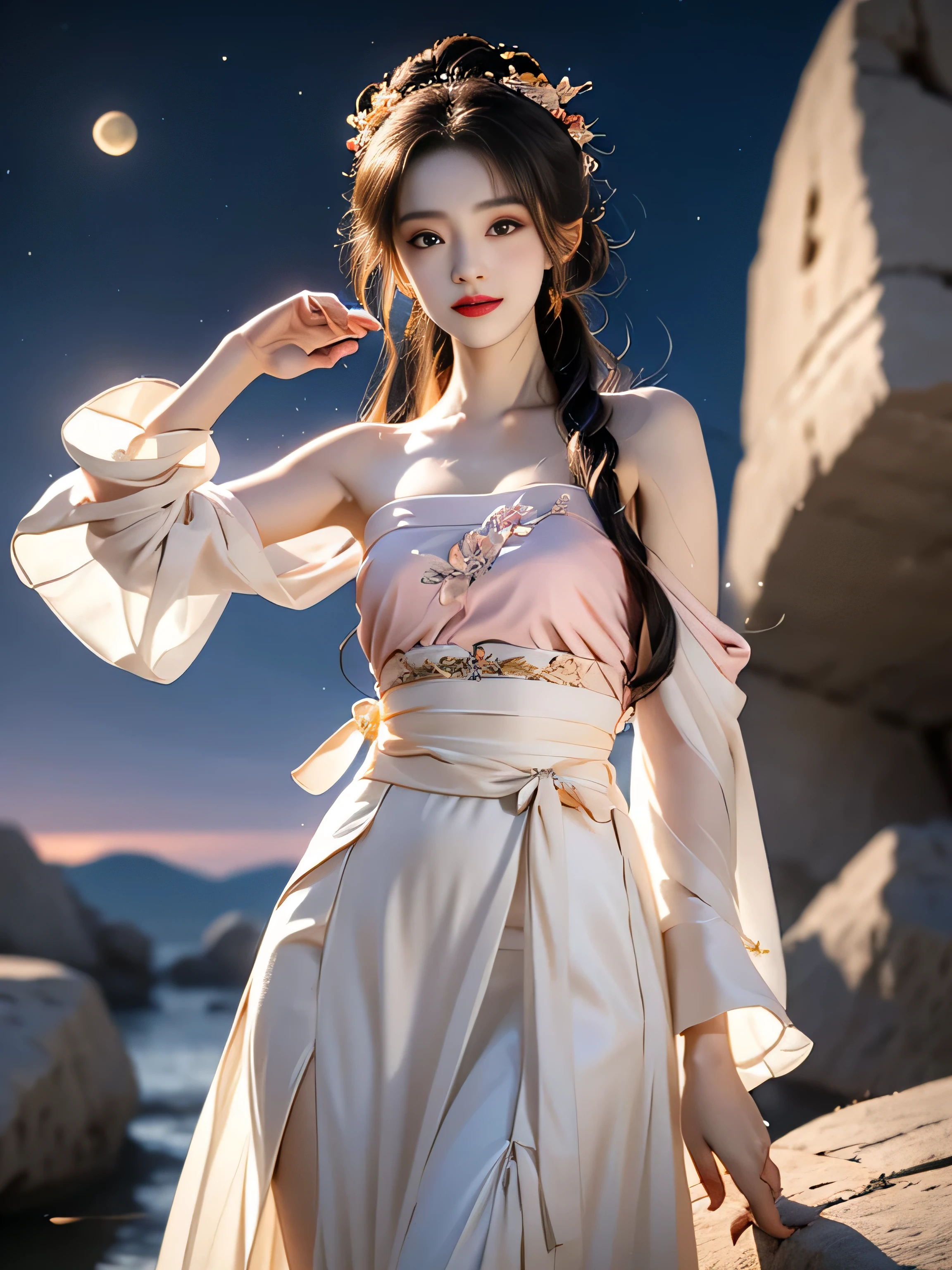 hanfu-song, Hanfu, song theme, try, Pipe top, ((bare shoulders)), ((whole body)), actual, Fashion girl, red lips, aldult, cosmetic, big eyes, beautiful eyes, ((whole body)), ((from below)), (best quality, masterpiece:1.2), super detailed, (actual:1.37), ((Sexy long legs)), beautiful, young and energetic, Charming model with (exquisite eyes, Detailed lips, extremely exquisite eyes), Show a bright smile, Create stunning girl images, warm color, Extremely high color saturation, official art, Extremely detailed CG unified 8k wallpaper,(high dynamic range :1.4), (Work),(pastel colors, The color is dull, soothing tone :1.3), (natural skin texture, ultra-actual, soft light, sharp),(Very detailed), night, moonlight, ((in the mountains, plant, Leaning against the rocks))