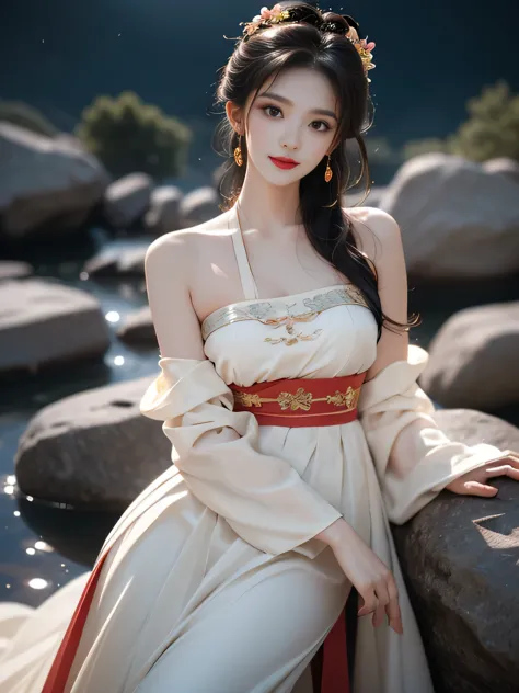 hanfu-song, hanfu, song theme, try, pipe top, ((bare shoulders)), ((whole body)), actual, fashion girl, red lips, aldult, cosmet...