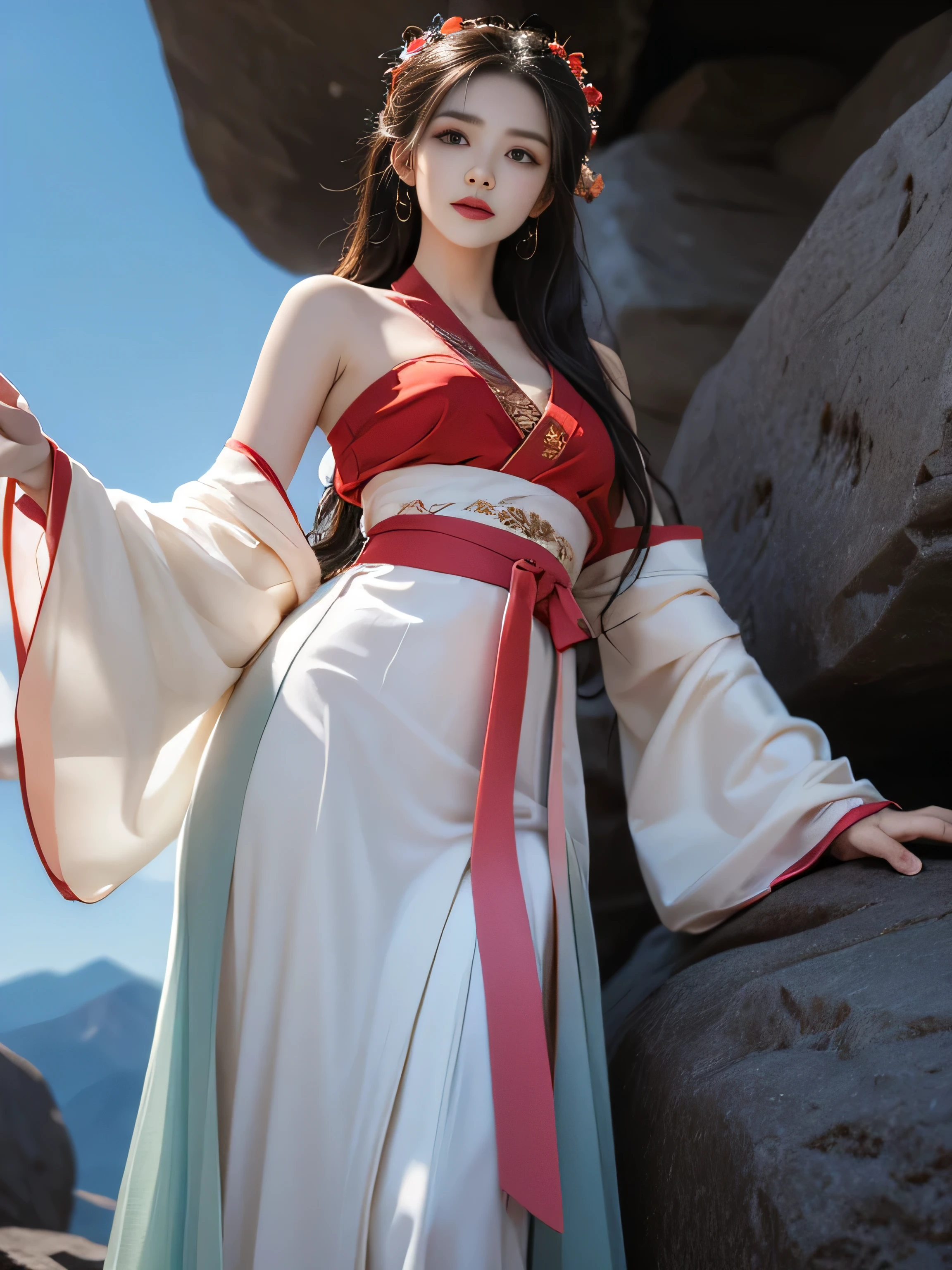 hanfu-song, Hanfu, song theme, try, Pipe top, ((bare shoulders)), ((whole body)), actual, Fashion girl, red lips, aldult, cosmetic, big eyes, beautiful eyes, ((whole body)), ((from below)), (best quality, masterpiece:1.2), super detailed, (actual:1.37), ((Sexy long legs)), beautiful, young and energetic, Charming model with (exquisite eyes, Detailed lips, extremely exquisite eyes), Show a bright smile, Create stunning girl images, warm color, Extremely high color saturation, official art, Extremely detailed CG unified 8k wallpaper,(high dynamic range :1.4), (Work),(pastel colors, The color is dull, soothing tone :1.3), (natural skin texture, ultra-actual, soft light, sharp),(Very detailed), night, moonlight, ((in the mountains, plant, Leaning against the rocks))