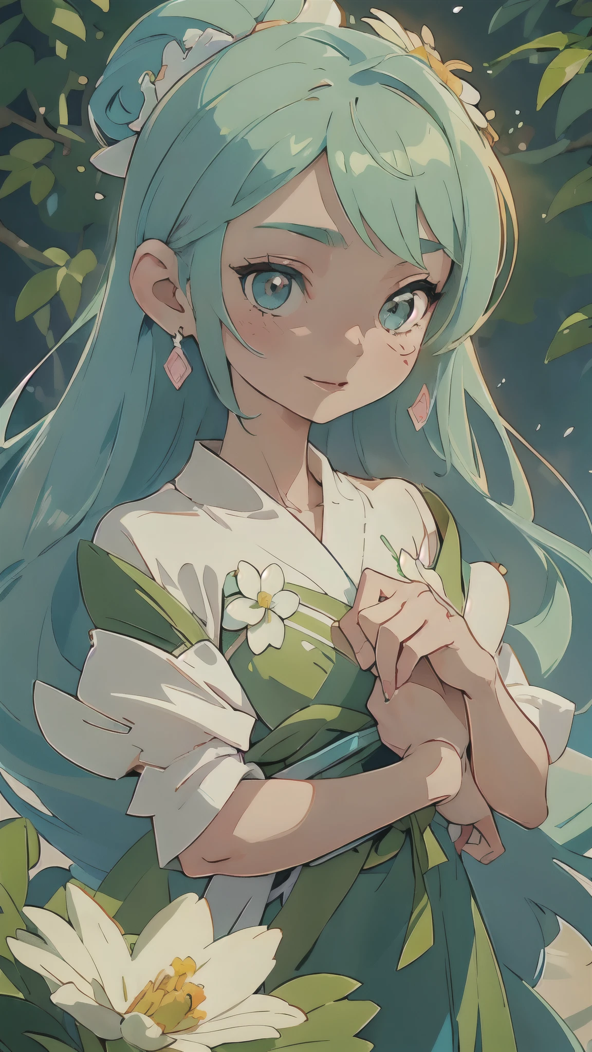 Anime girl with blue hair and green skirt holding flowers, hatsune future portrait, portrait of hatsune future, Digital anime illustration, Cyan hair anime girl, Beautiful anime portrait, Anime style digital art, Detailed digital animation art, stylized anime, anime style portrait, futuredayo, Cute anime girl portrait, future, Digital art on pixiv