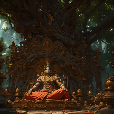 Lord Shiva, meditating under a divine, mysterious tree , surrounded by snakes looking up to him, among other indian sadhus, mood...