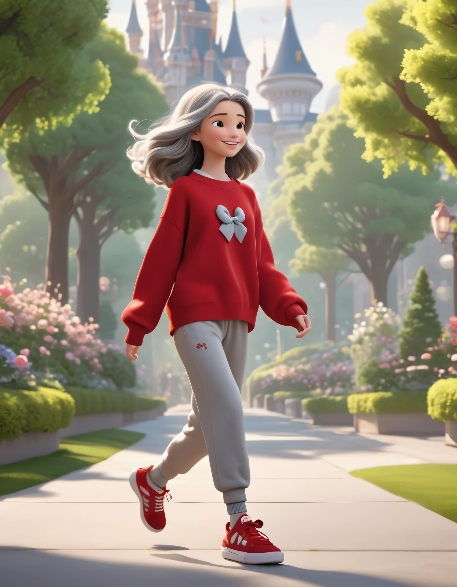 Personnage 3D de l&#39;animation Disney, À la manière de Pixar,tout le corps，Fille heureuse qui marche，cheveux longs gris，jambes super longues，Action de foulée dynamique，Pull simple doux gris et pantalon de survêtement très ample，Chaussures montantes blanches，portant un nœud rouge，chaussettes rouges，éclairage cinnamique, Tracé laser, détails élevés, rendu 3D ，sortie de printemps