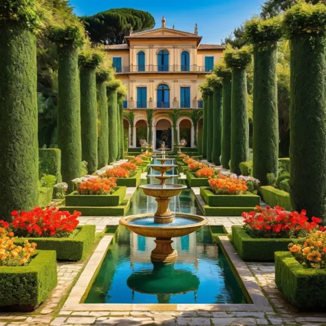 ((symmetrical:1.5))，(centered symmetrical composition:1.5)，the art of symmetry in an ancient garden，in the center is an exquisit...