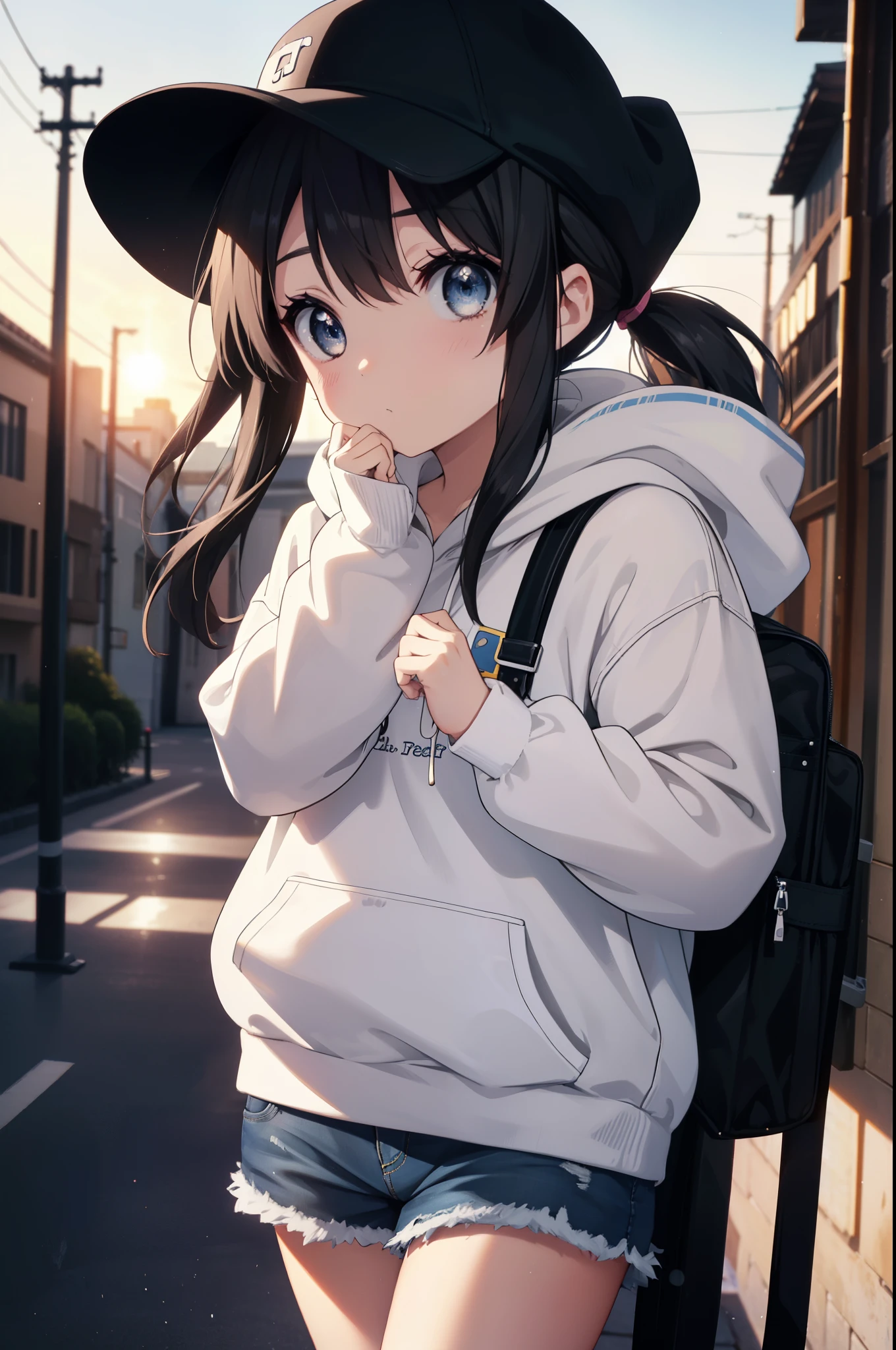 mioakiyama, mio akiyama, long hair, bangs, black hair, (black eye:1.3),cool, princess cut,baseball hat,ponytail,black oversized hoodie,short denim pants,black pantyhose,short boots,sunset,evening,the sun is setting,hands in hoodie,carrying a guitar case,walking,blow bubble gum, pink bubble gum,
break outdoors, In town,building street,
break looking at viewer, (cowboy shot:1.5),
break (masterpiece:1.2), highest quality, High resolution, unity 8k wallpaper, (figure:0.8), (detailed and beautiful eyes:1.6), highly detailed face, perfect lighting, Very detailed CG, (perfect hands, perfect anatomy),