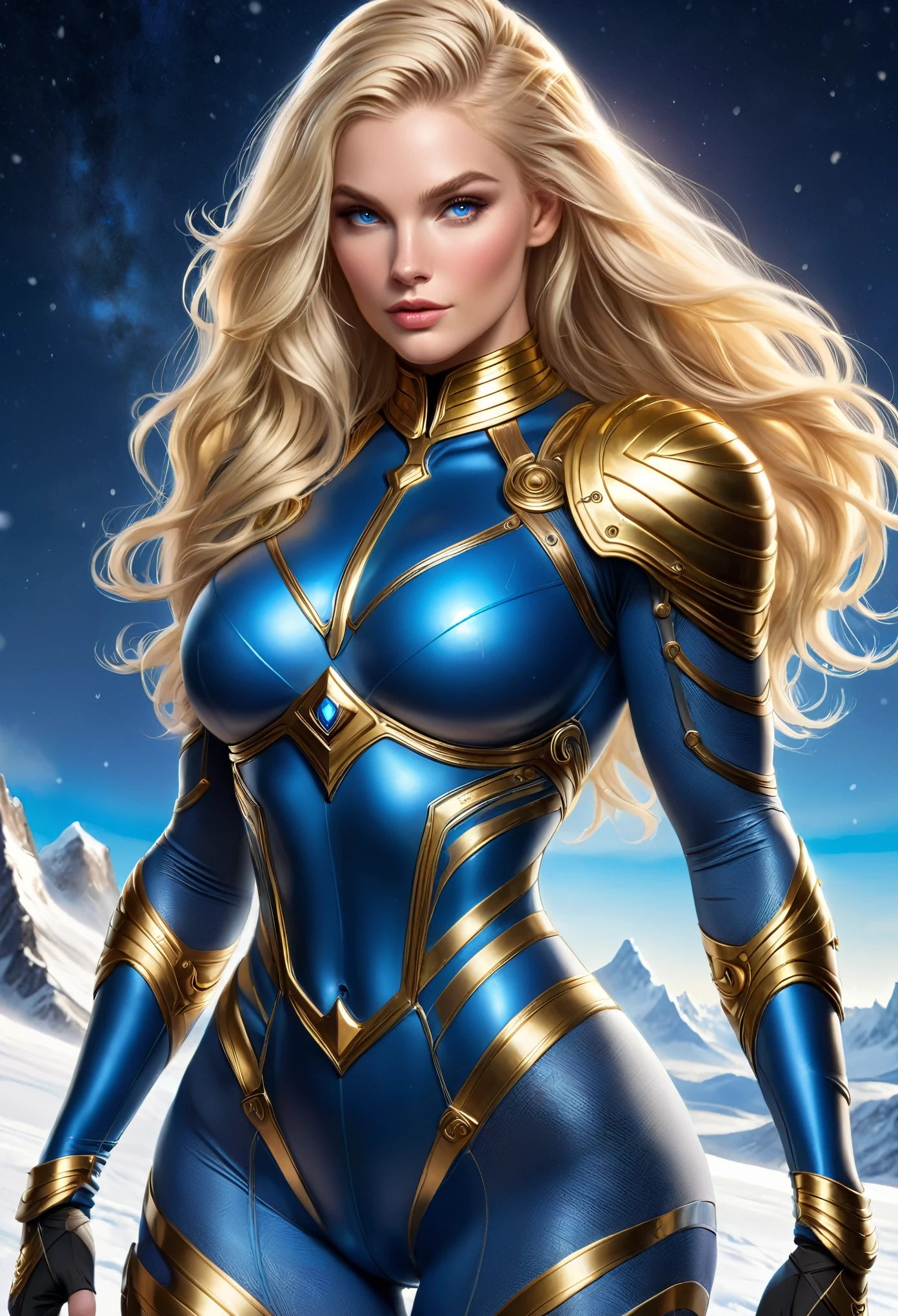 BOMBSHELL BLONDE WOMAN, WARRIOR FEMALE, PELE SKIN BLUE EYES, HIGH CHEEKBONES, ROSY CHEEKS, MENTAL FORAMEN, HUGE LONG HAIR, DOUBLE BRAID HAIR, LEOTARD ARMOUR, LONG SLEEVES, GOLD ARMOUR, BLUE UNDER BODYSUIT, NECK BODYSUIT, GOLD GAUNTLETS, ATHLETIC CURVY BODY, TIGHS EXPOSED, QUADRICEPS, MUSCLES, EXPOSED BUTTOCKS, SIDE BODY VIEW, NORTHERN LIGHTS, NORTH POLE, SNOW, NIGHT SKY, ACCURATE IMAGE, MASTERPIECE.