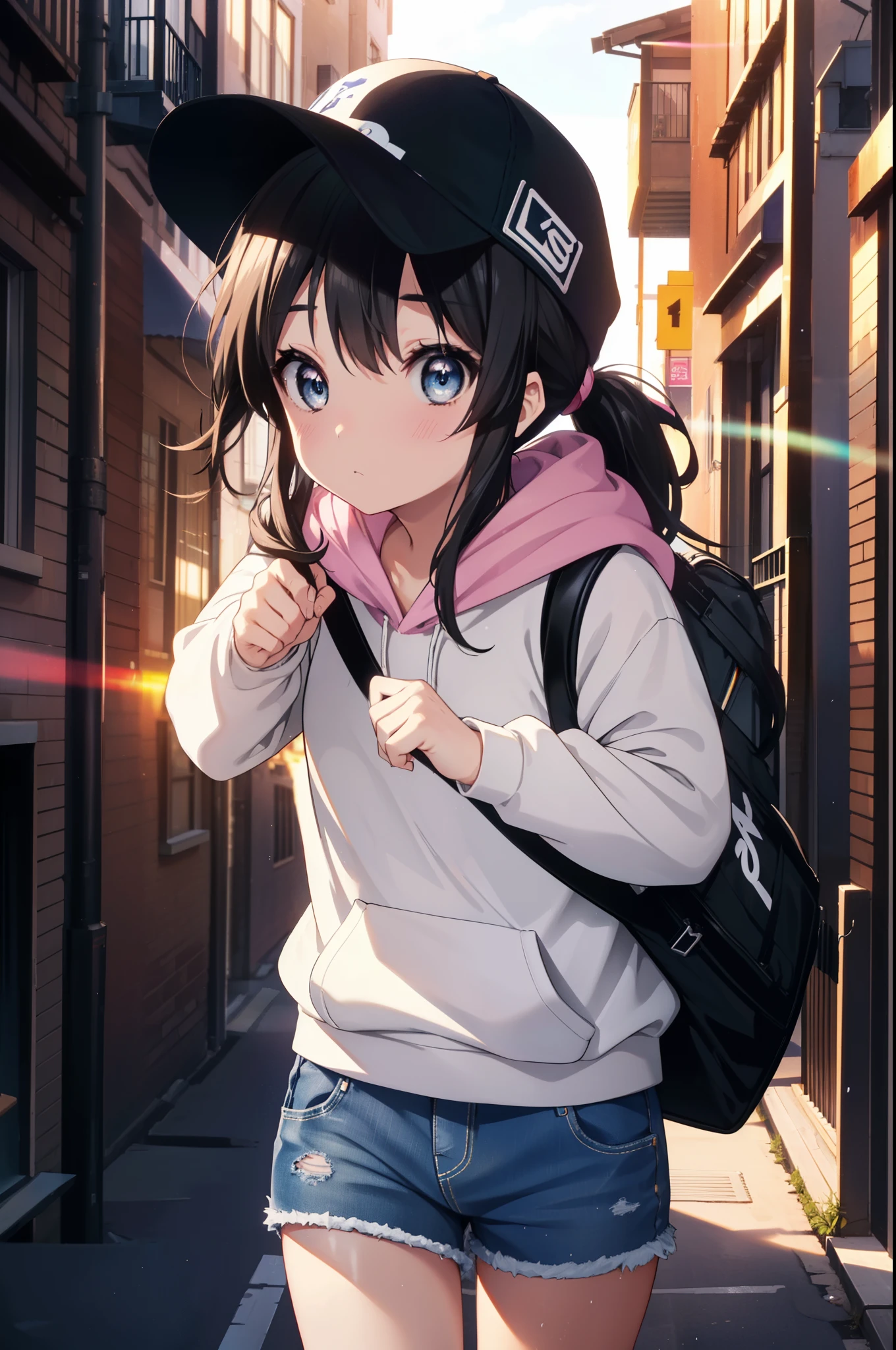 mioakiyama, mio akiyama, long hair, bangs, black hair, (black eye:1.3),cool, princess cut,baseball hat,ponytail,black oversized hoodie,short denim pants,black pantyhose,short boots,sunset,evening,the sun is setting,hands in hoodie,carrying a base bag,walking,blow bubble gum, pink bubble gum,
break outdoors, In town,building street,
break looking at viewer, (cowboy shot:1.5),
break (masterpiece:1.2), highest quality, High resolution, unity 8k wallpaper, (figure:0.8), (detailed and beautiful eyes:1.6), highly detailed face, perfect lighting, Very detailed CG, (perfect hands, perfect anatomy),