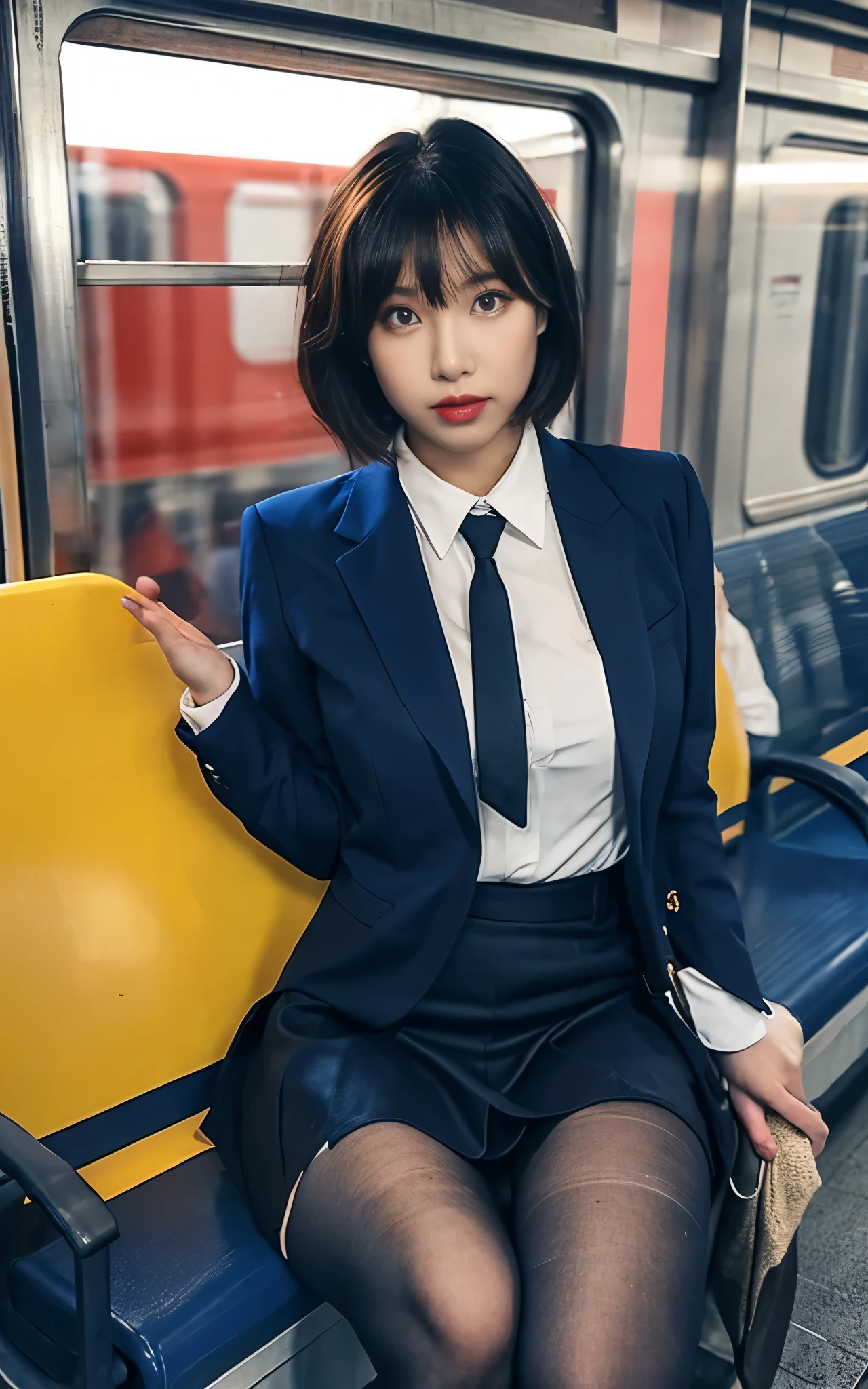 commute、woman、suit、Inside the train、sit on the other side、skirt、uniform、thighs、spread your legs a little、tights、I can see my pants through the gap between my legs、short hair、sit in front、Glowing eyes、