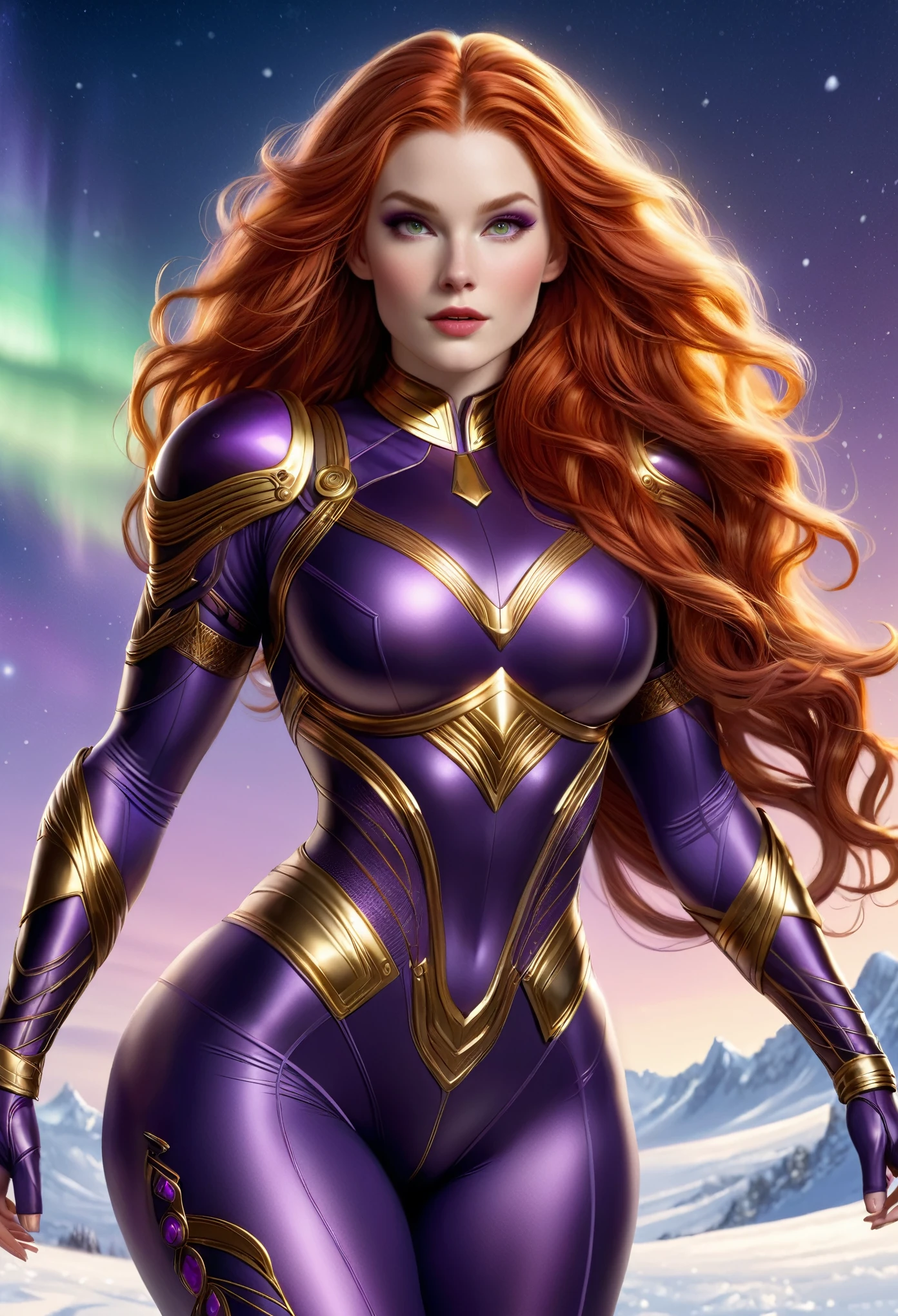 BOMBSHELL RED HAIR VALKYRIE, PALE SKIN, LIGHT BROWN EYES, HIGH CHEEKBONES, ROSY CHEEKS, MENTAL FORAMEN, HUGE LONG HAIR, DOUBLE BRAID HAIR, LEOTARD ARMOUR, LONG SLEEVES, GOLD ARMOUR, PURPLE UNDER BODYSUIT, NECK BODYSUIT, GOLD GAUNTLETS, ATHLETIC CURVY BODY, DETAILED QUADRICEPS, MUSCLES, SIDE BODY VIEW, NORTHERN LIGHTS, NORTH POLE, SNOW, NIGHT SKY, ACCURATE IMAGE, MASTERPIECE.