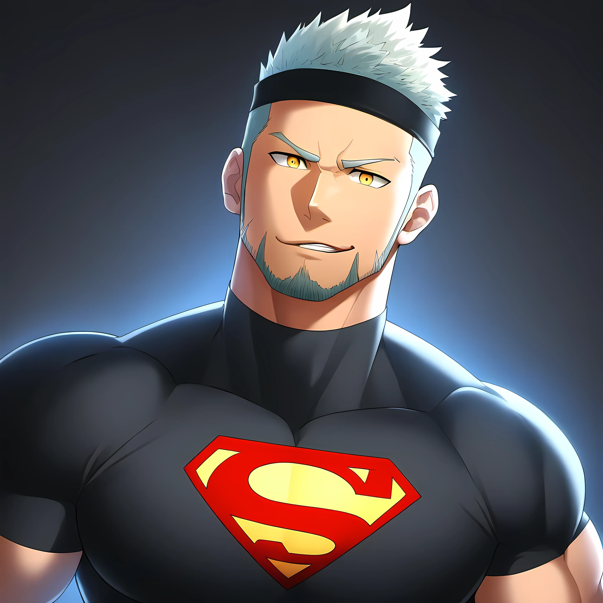 anime characters：Guy, Priapus, 1 young muscular man, male focus, Sporty black headband, Black Turtleneck Superman Tight T-Shirt, superman logo, muscular man, extra large breasts, only, Upper body, alone, white short hair, stubble, yellow eyes, Blink, black background, simple background, amazing quality, best aesthetics, Ridiculous, bright pupils, short hair, naughty face, torogao, open lips, best quality