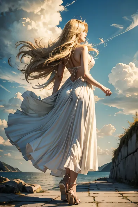 beautiful woman。rear view。blonde。long hair。full of happiness。like an angel。look up at the sky。full body portrait。hope