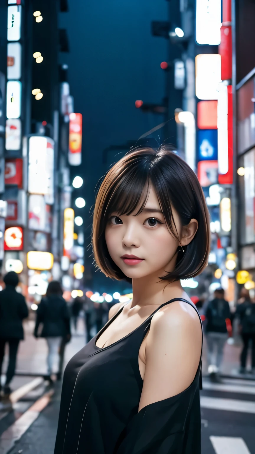 女の子1人, 中ボブ:1.3, 東京の通り,夜, 都市景観,街の明かり, 上半身,近い, 8K, RAW写真, 最高品質, 傑作,現実的, photo-現実的,