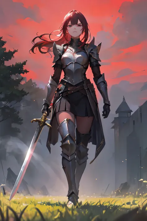 ((best quality)), ((masterpiece)), (detailed), perfect face, strong emotion, 1girl wielding a sword outward and down to her side...
