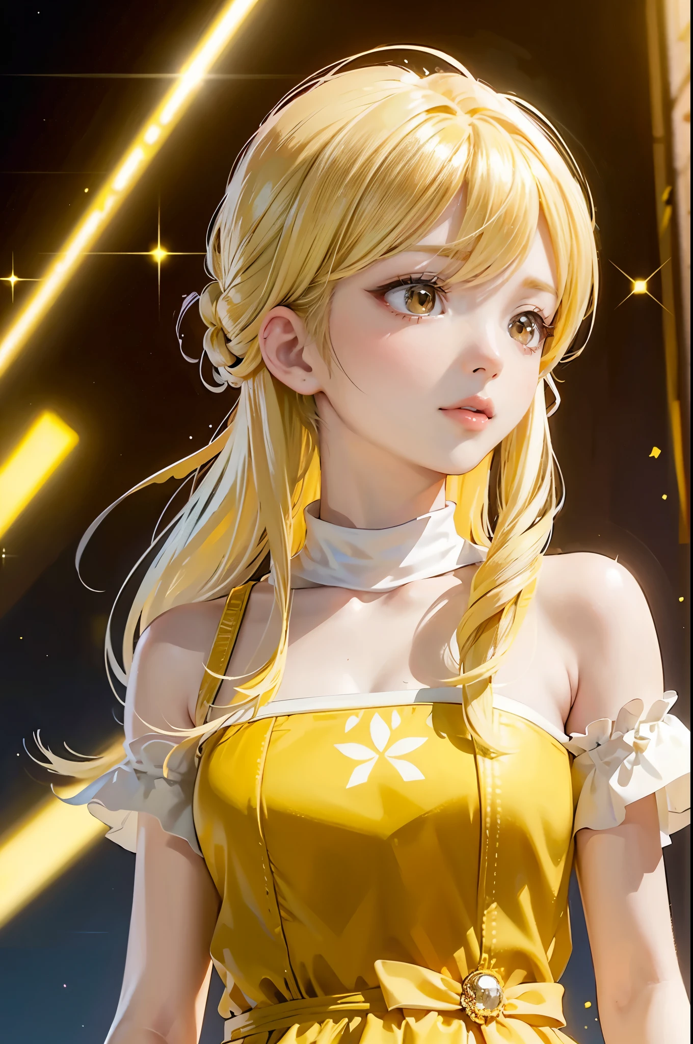 face focus，masterpiece，highest quality，1 girl，alone，perfect face，beautiful face，bright face，highly detailed face，(Primrose yellow hair:1.3)，(brown eyes:1.3)，Are standing，primrose yellow dress，Sparkling，cinematic composition，best lighting，look up