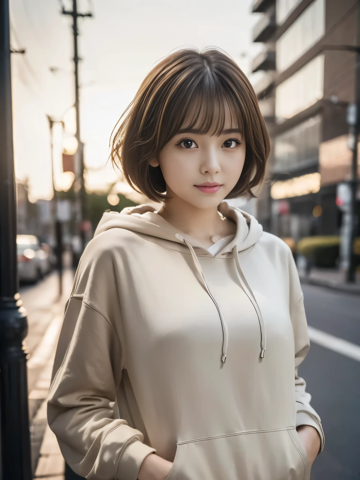 (8k, RAW photo, highest quality, masterpiece:1.2), (realistic, photo-realistic:1.4), (Highly detailed 8K wallpaper),
perfect female body, Tight, 
famous japanese idol, 20 year old girl, 
medium short hair, messy hair, light brown hair, 
hoodie, happiness like a goddess,