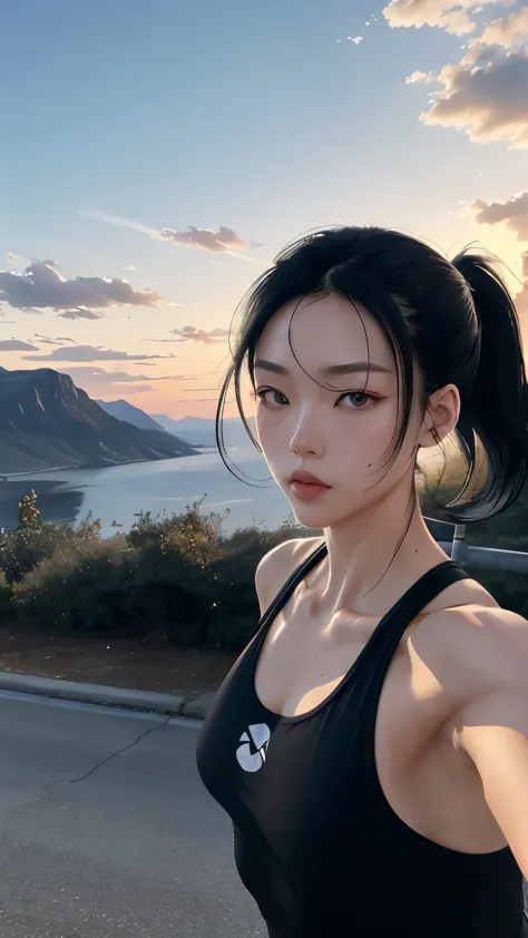 Jin is captured mid-stride as she traverses a scenic jogging trail in the early morning light. Her lean frame is clad in breatha...