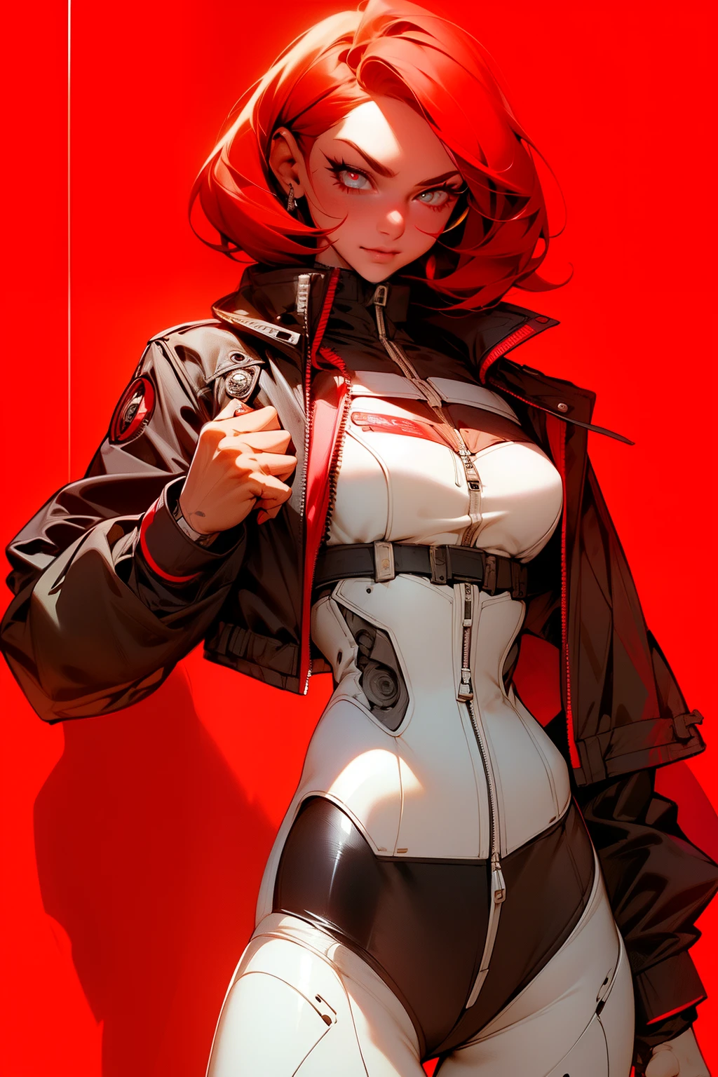 high quality, 4k, masterpiece, beautiful, cyborg girl, cowboy shot, looking at viewer, short red hair, girl, medium breasts, slim thighs, robotic arms, robotic body, cyborg body, intricate detail, joint, perfect fingers, detailed lines, robotic detail, holding fist up, holding hand up as fist, color robotic parts, robotic parts with color, glowing eyes, glowing parts, jacket, jacket over robot parts, short jacket, half jacket