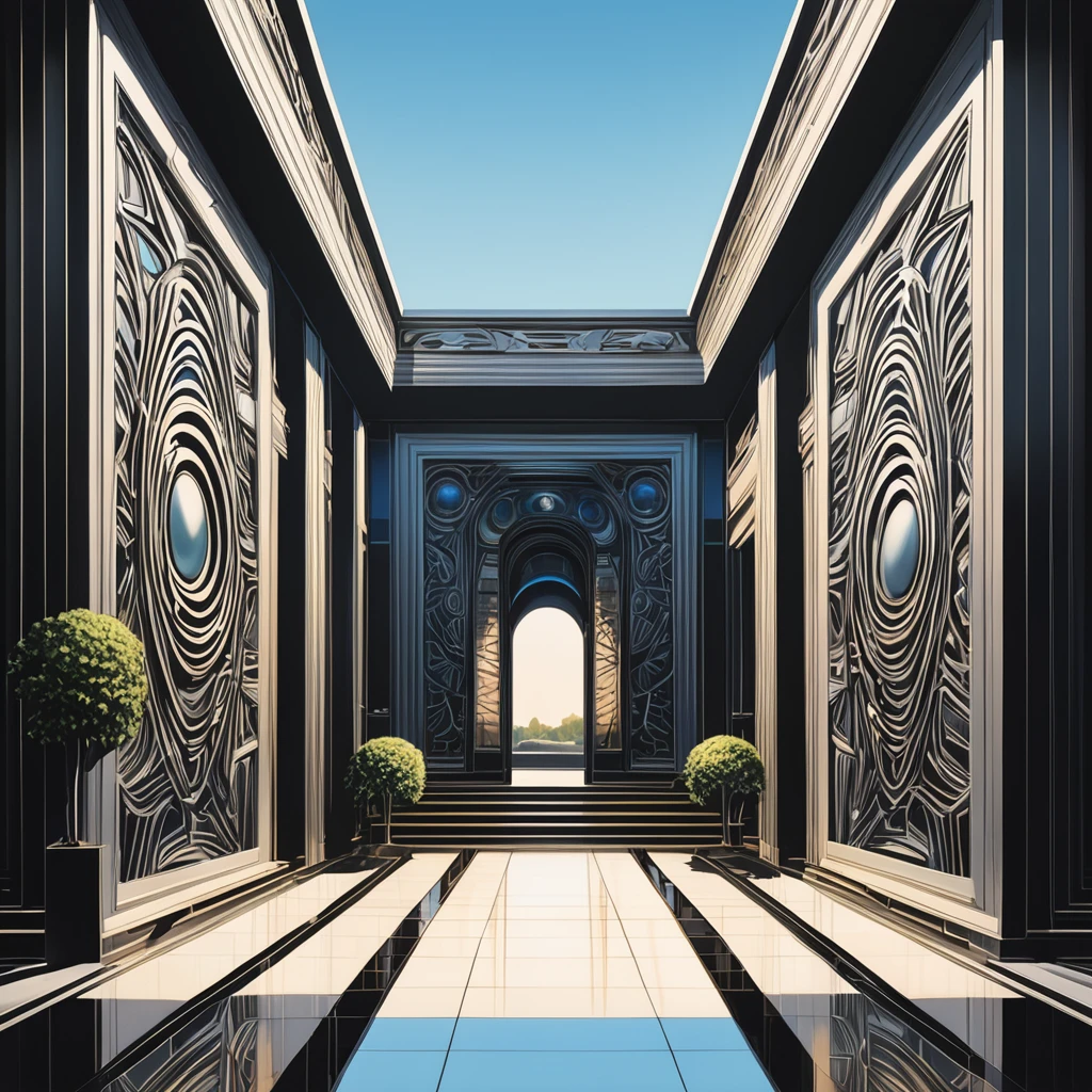 Symmetry, aesthetic, extremely detailed, symmetrical, Stunning, premium, Illustration, mid shot, Symmetry, intrigued, in the center, geometric patterns, symmetrical design, modern architecture, clear blue sky, natural light, high-resolution, authentic, minimalistic, clean lines, balanced composition, detailed, oil painting, realistic, crisp, vivid colors, soft glow, contrast, Alex Ross, Yoshitaka Amano, J.H. Williams III, H.R. Giger.