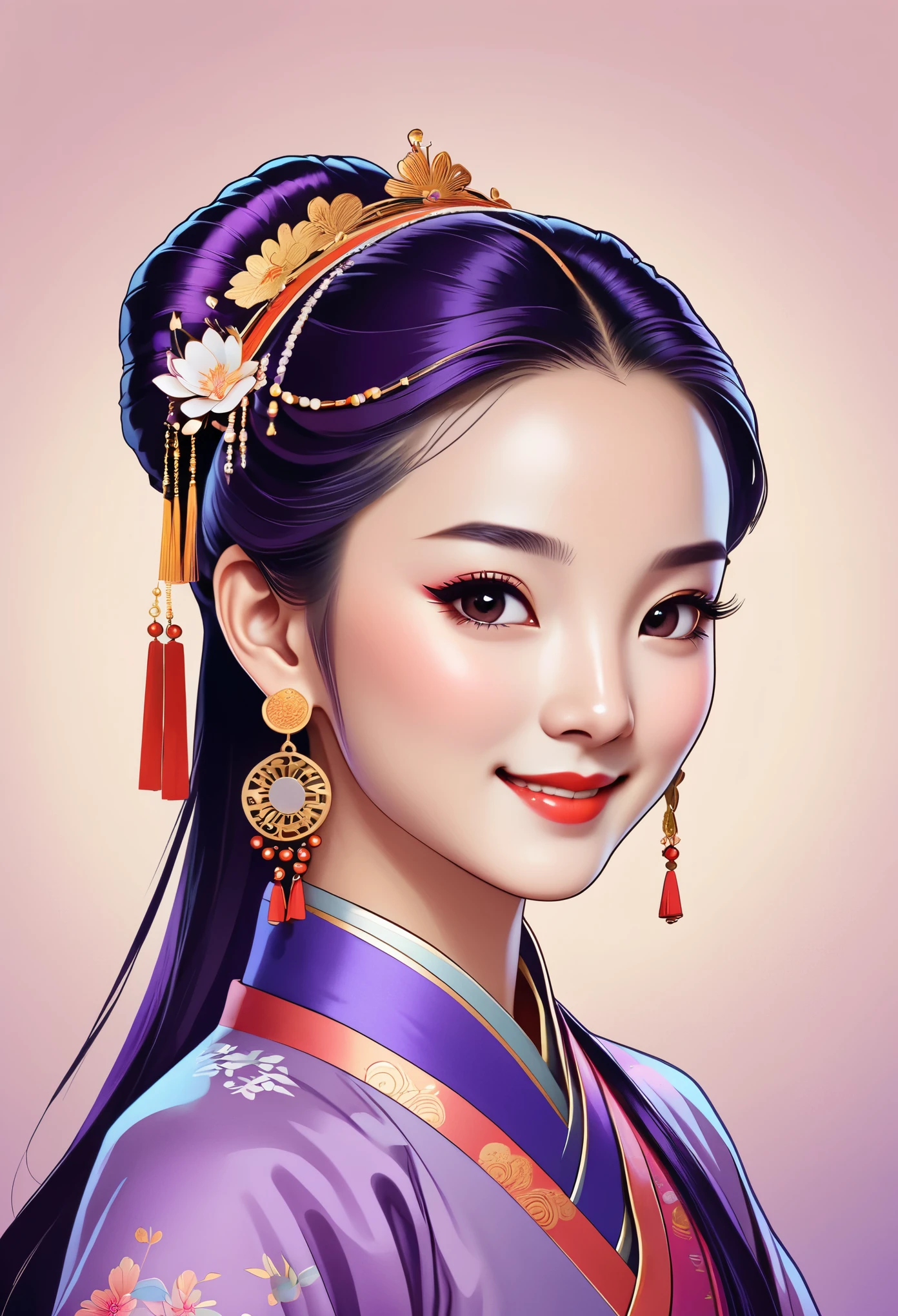 (Avatar badge design:1.3)(chinese traditional minimalism:1.1)，closeup portrait，Left picture，中国妖娆girl，charming smile，dance solo，girl，beauty，grace，Purple color scheme，hair，hair accessories，earrings，Detailed shadow vector drawing，(graphics rules)，Illustration cartoon cute art style，Colorful line art style，Flat animation simple solid color background