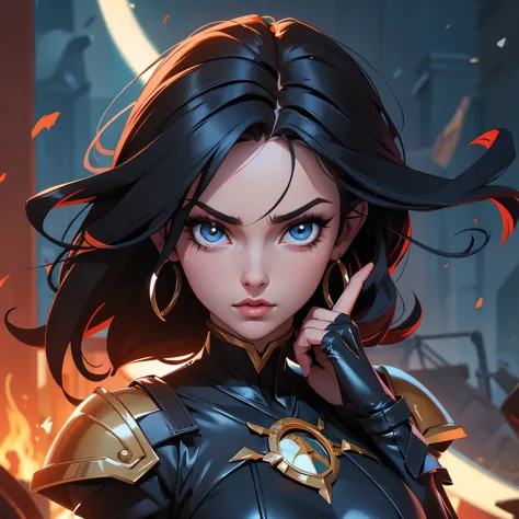  Mulher com cabelos preto, olhos vermelhos, roupa preta, rosto irritado e uma espada nas costas