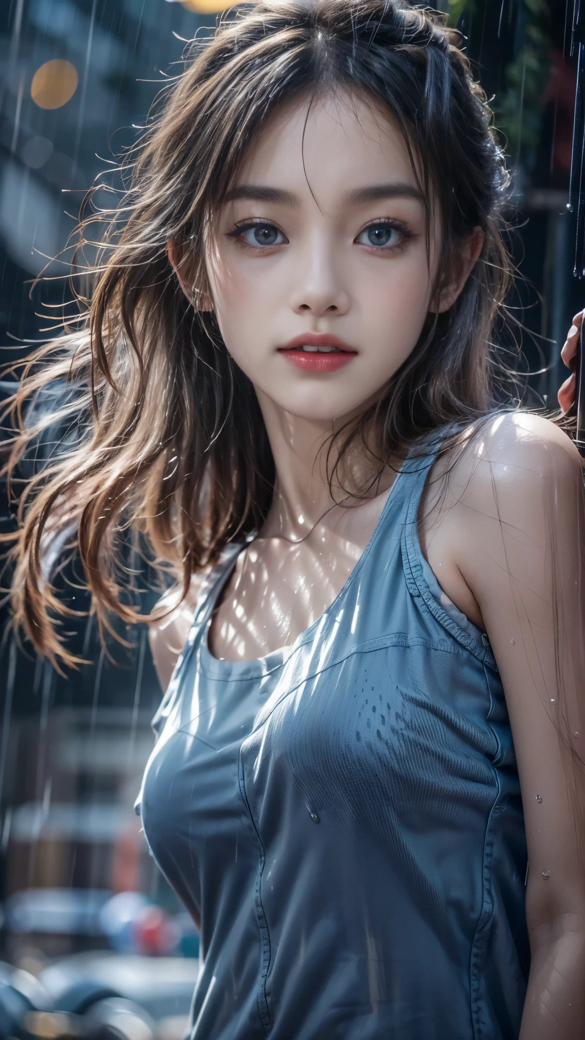 (RAW shooting, Photoreal:1.5, 8k, highest quality, masterpiece, ultra high resolution), perfect dynamic composition:1.2, street corner at night, look up at the sky:1.3, (((Typhoon heavy rain))), Highly detailed skin and facial textures:1.2, Slim high school girl wet in the rain:1.3, sexy beauty, perfect style:1.2, beautiful and aesthetic, Fair skin, very beautiful face, (rain drips all over my body:1.2, wet hair:1.4, wet uniform:1.2), water droplets on the skin, (Medium chest, Bra is transparent, Chest gap), (embarrassing smile, The expression on your face when you feel intense caress, Facial expression when feeling pleasure), (beautiful blue eyes, Eyes that feel beautiful eros:0.8), (Too erotic:0.9, Bewitching:0.9), cowboy shot, student bag, perfect limbs, perfect fingers