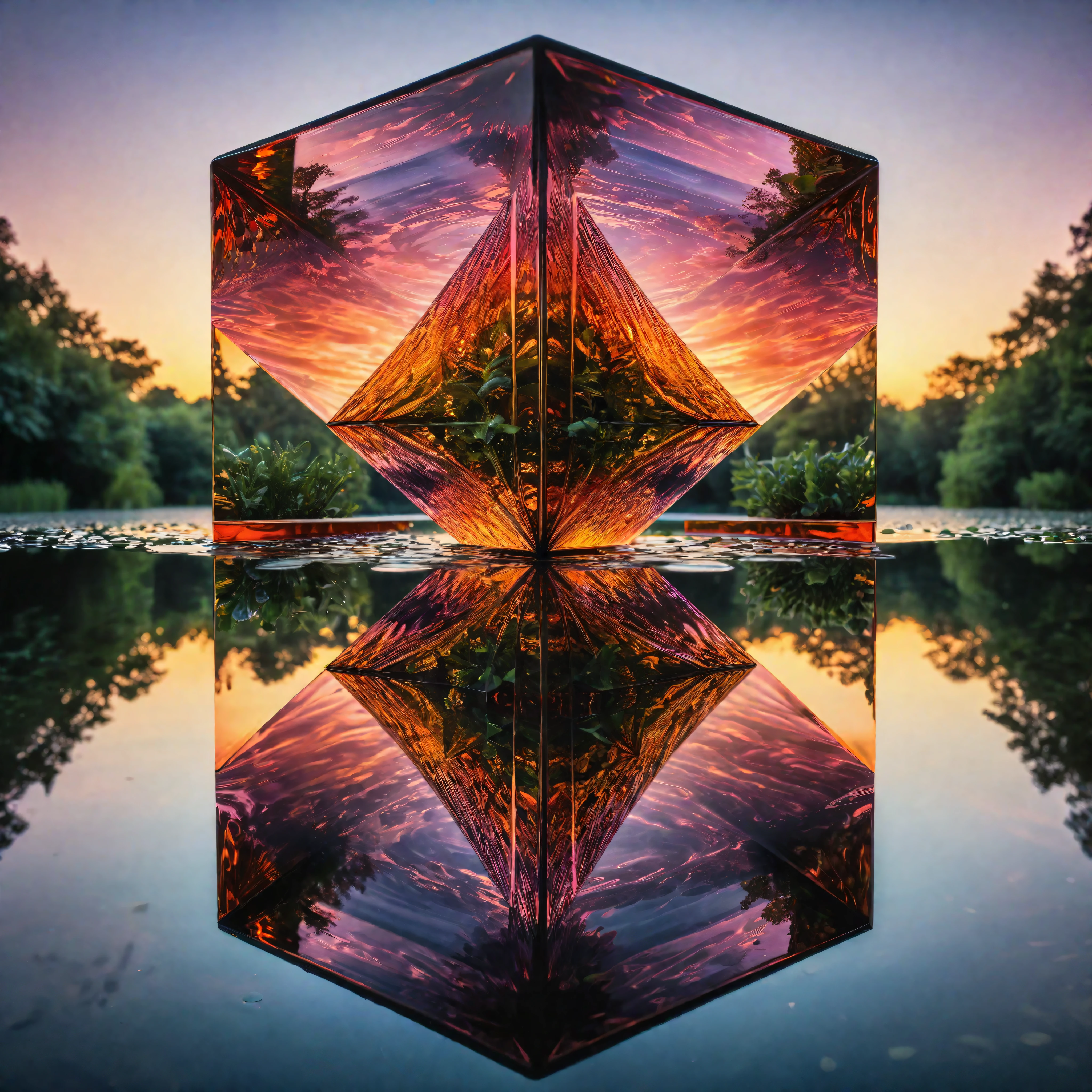 (best quality,4k,8k,highres,masterpiece:1.2),ultra-detailed,(realistic,photorealistic,photo-realistic:1.37),symmetry macro photography art,perfectly detailed reflections,symmetric cube,crystal clear pond,distorted reflections,sharp focus,shimmering water surface,meticulously captured details,vibrant colors,precise symmetry,mirror-like reflections,meticulously designed composition,divine precision,ethereal atmosphere,mind-bending symmetry,pure perfection,surreal beauty,luminous reflections,symmetrical masterpiece,spectacular precision,mesmerizing patterns,symmetrical harmony,flawless symmetry,mesmerizing artistry,visual symmetry feast,reflection perfection,intricate details,harmonious composition,awe-inspiring precision,masterfully captured reflections,vivid artistic details,impeccable symmetry,mind-blowing precision,perfectly balanced,mesmerizing optical illusion,meticulous craftsmanship
