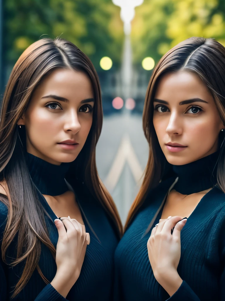 Realistic photo, two twins woman, standig together in symmetrical pose, full shot, beutiful, twins, Imersive symmetrical background of City, wearing identical clothes, they look kije mirror reflection,  whole photo is symmetrical, raw photo, depth of field, 8k
