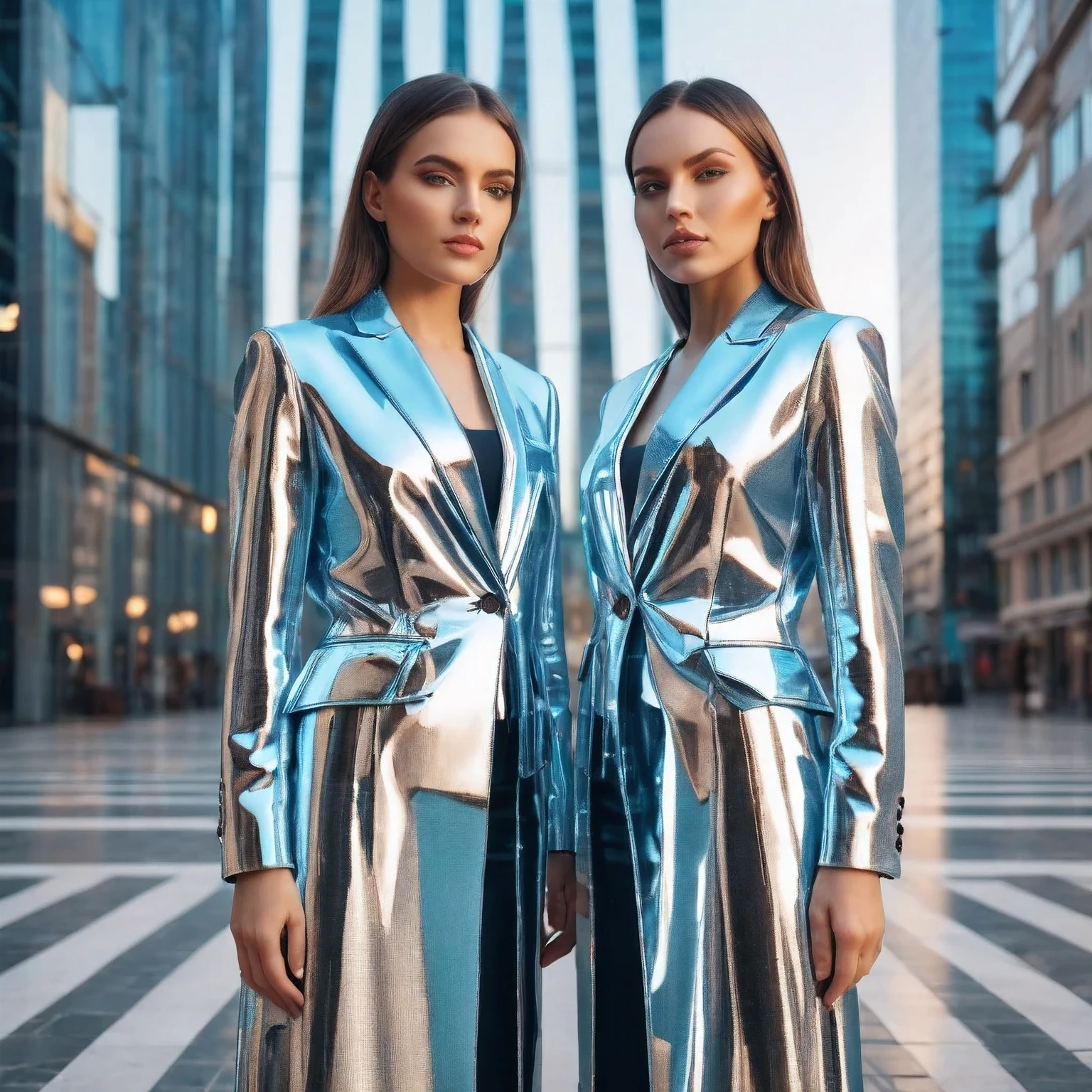 Realistic photo, two twins woman, standig together in symmetrical pose, full shot, beutiful, twins, Imersive symmetrical background of City, wearing identical clothes, they look kije mirror reflection,  whole photo is symmetrical, raw photo, depth of field, 8k