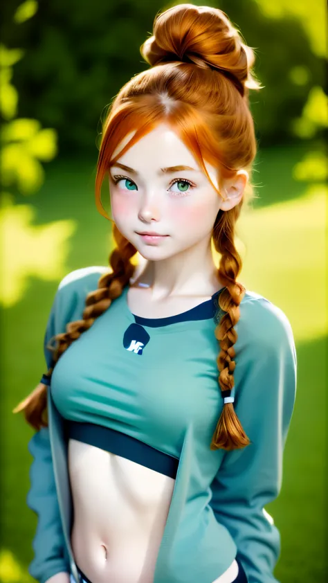 super realistic images, ginger teenager girl, cute face, An ennui look、french braid、ash gray hair、green eyes, a little freckled,...