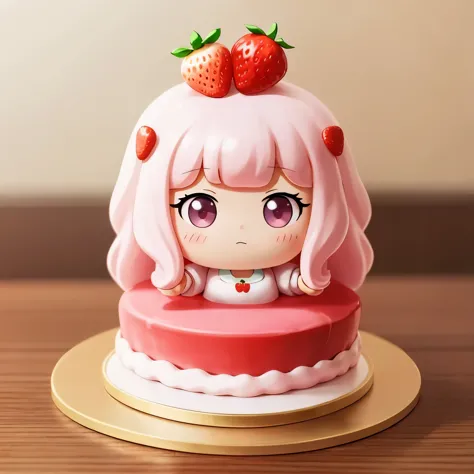 Photoreal、anime character（chibi girl、The lines are thick、Deformed）There is a whole cake with a picture of、strawberry、Whipped cream